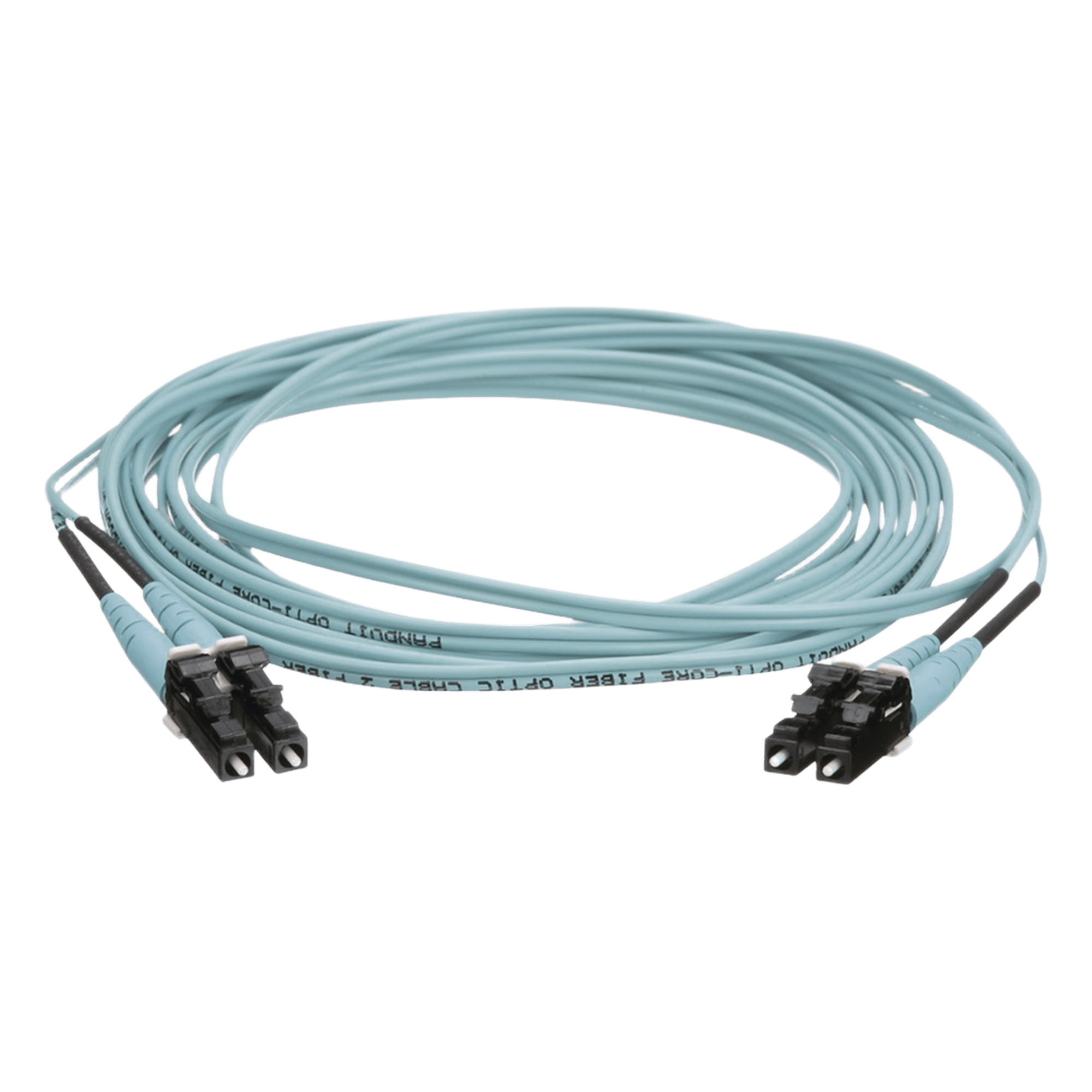 Jumper de Fibra Optica Multimodo 50/125 OM4, LC-LC Duplex, OFNR (Riser), Color Aqua, 9 Metros (29.53 Pies) — PANDUIT · SKU FZ2ERLNLNSNM009