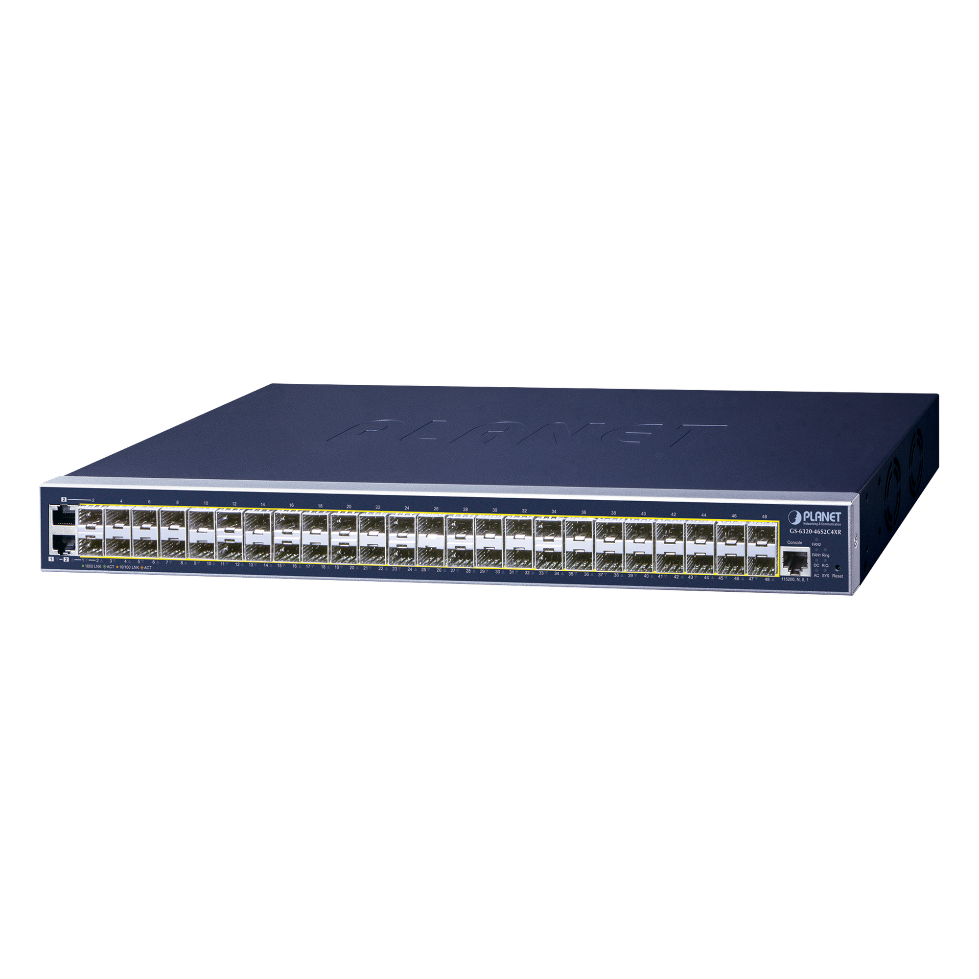 Switch Administrable L3, 46 puertos SFP, 2 puertos Combo TP/SFP, 4 puertos 10G SFP+ — PLANET · SKU GS-6320-46S2C4XR