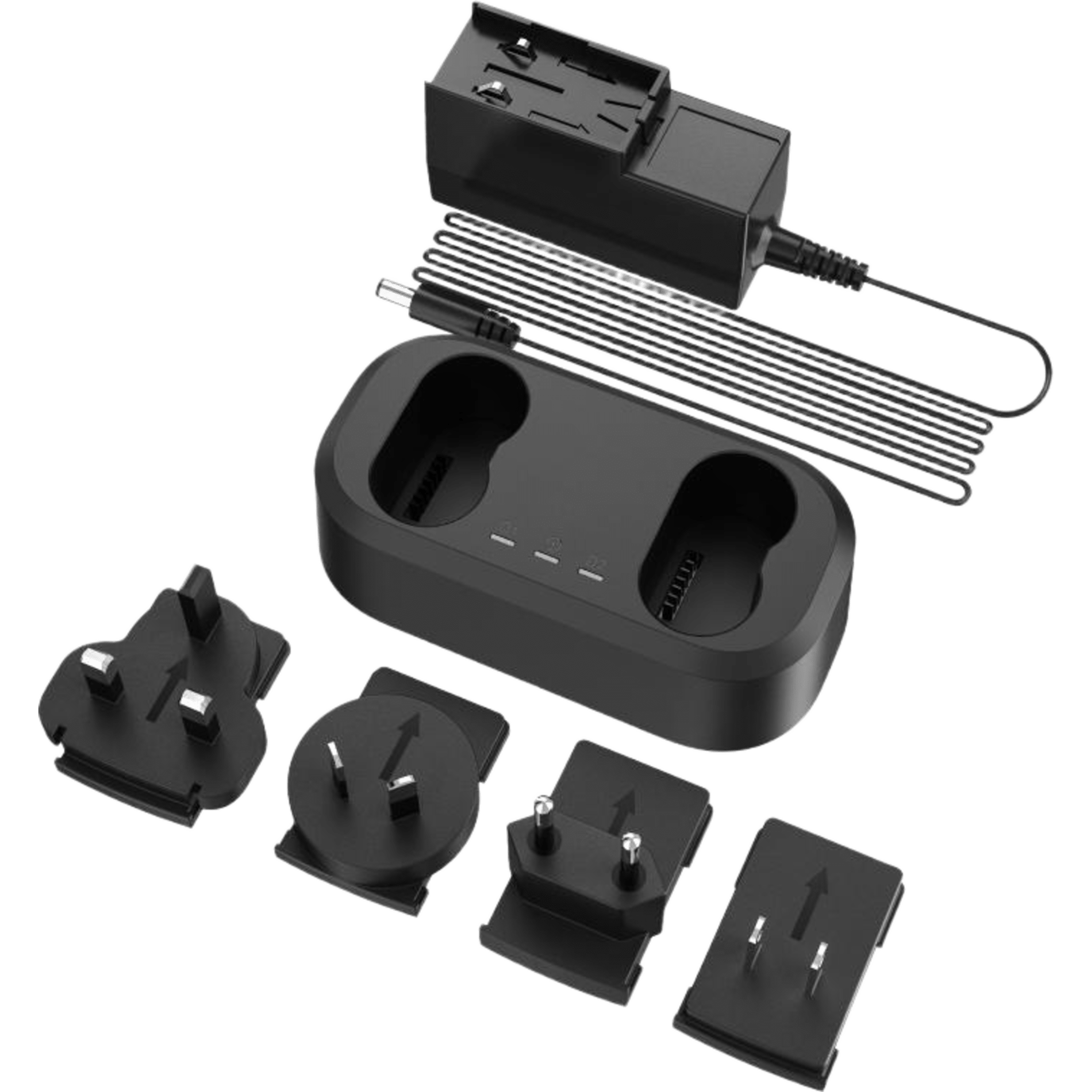 Cargador de Baterías Dual / Carga Simultánea de 2 Baterías / Entrada AC 100~240 V / Salida DC 20 V / Indicador LED Triple / 4 Adaptadores Internacionales — HIKMICRO · SKU HM-20322ZC