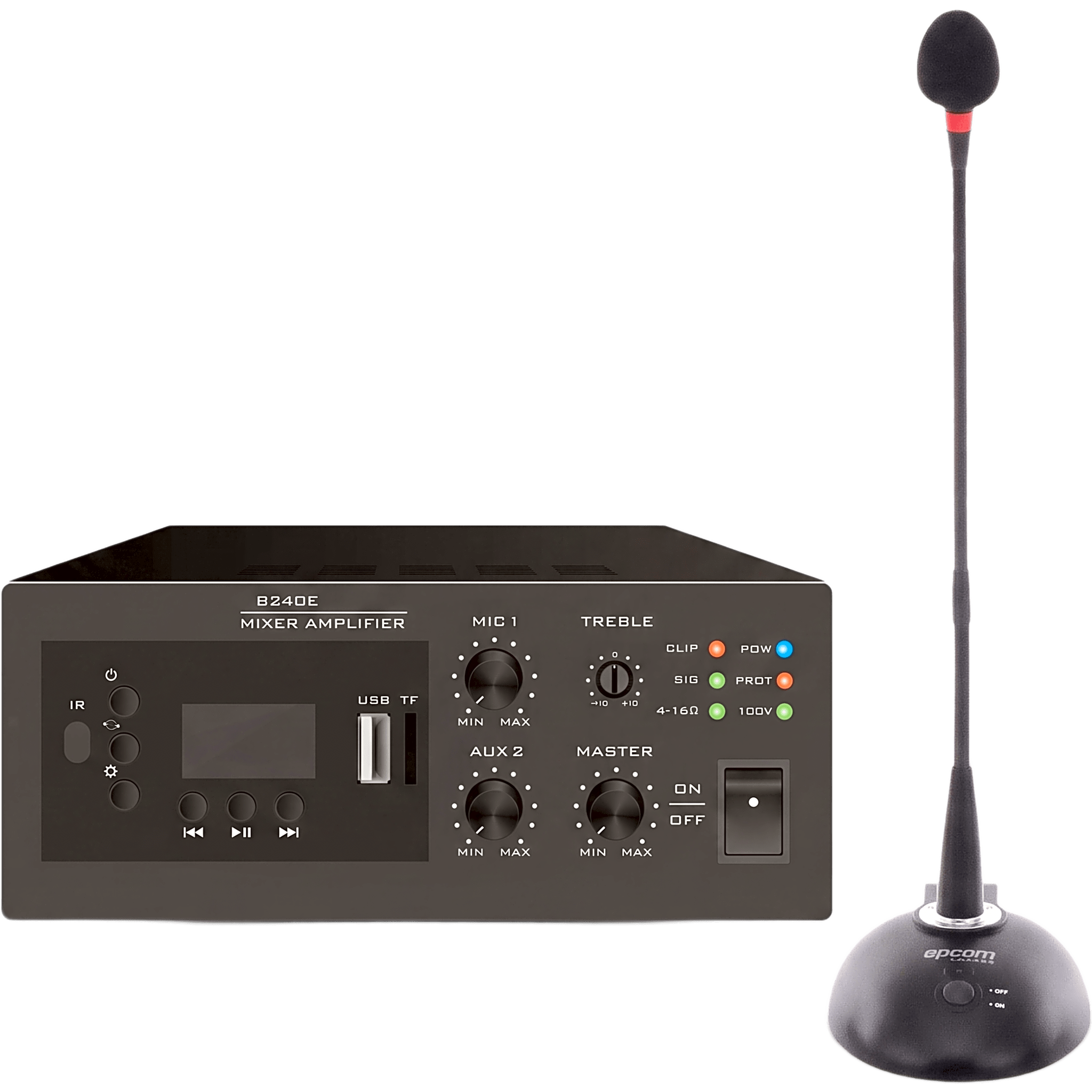 Kit Amplificador y Micrófono / 240W / Salida 4~16Ω o 100V / Bluetooth FM MP3 USB / Phantom 48V / Micrófono Cuello de Ganso Cardioide — EPCOM PROAUDIO · SKU EPB240E/MIC
