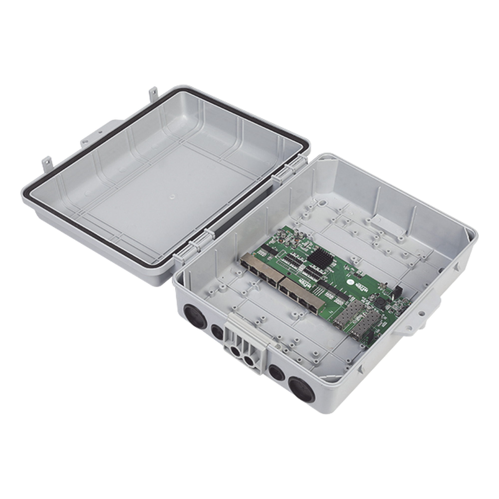 Switch WISP/FTTx con 7 puertos PoE inverso de 24V Pasivo (PoE in), 1 puerto PoE out de 24V + 2 SFP, Integrado con Gabinete NEMA IP67 para exterior — WI-TEK · SKU WI-PS310GFR-O