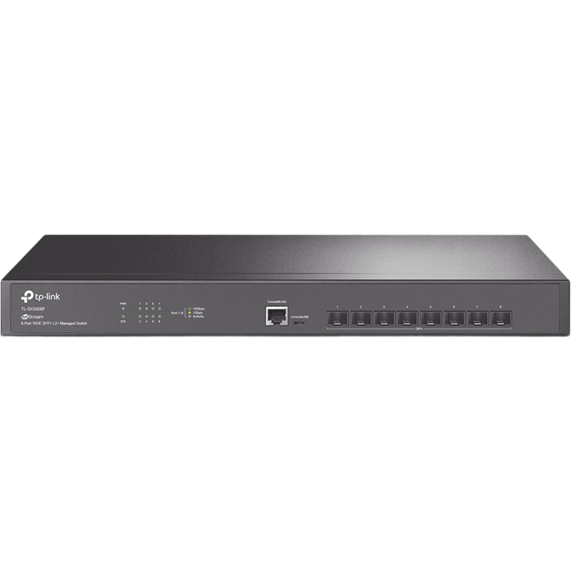 Switch Fibra Óptica L2+ Omada / 8 Puertos SFP+ 10G / 2 Puertos Consola (RJ45 y micro-USB) / Administración Centralizada Omada o Stand-Alone / Multicast IGMP / Calidad de Servicio / Montaje en Rack / Silencioso (sin ventiladores)
