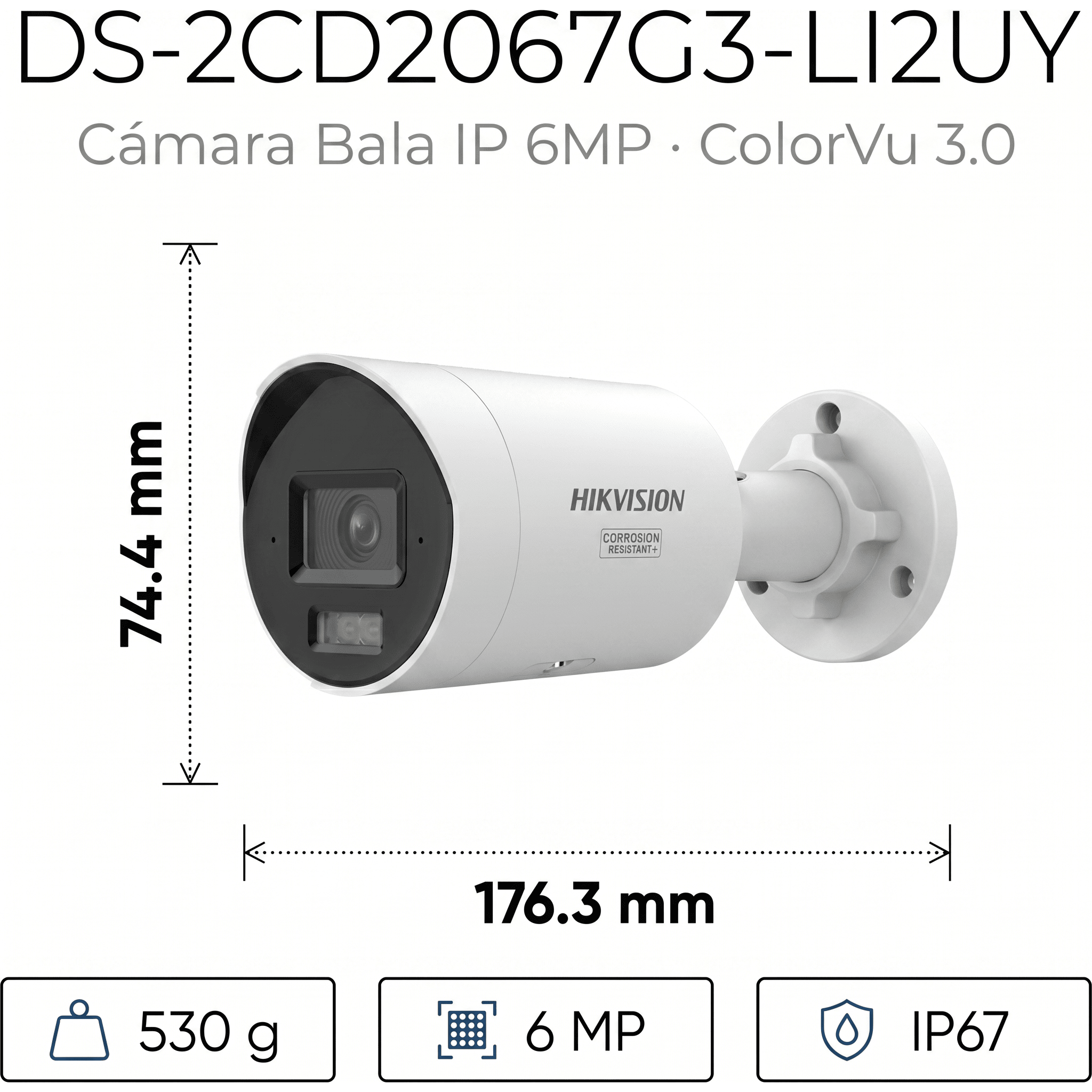 [Dual Light + ColorVu 3.0 + HikAI] Bala IP 6 Megapixel / Lente 2.8 mm / 40 mts IR + Luz Blanca / 2 Microfonos Integrados / Exterior IP67 / WDR 130 dB / ACUSENSE 3.0 / Metal / NEMA 4X / ACUSEEK