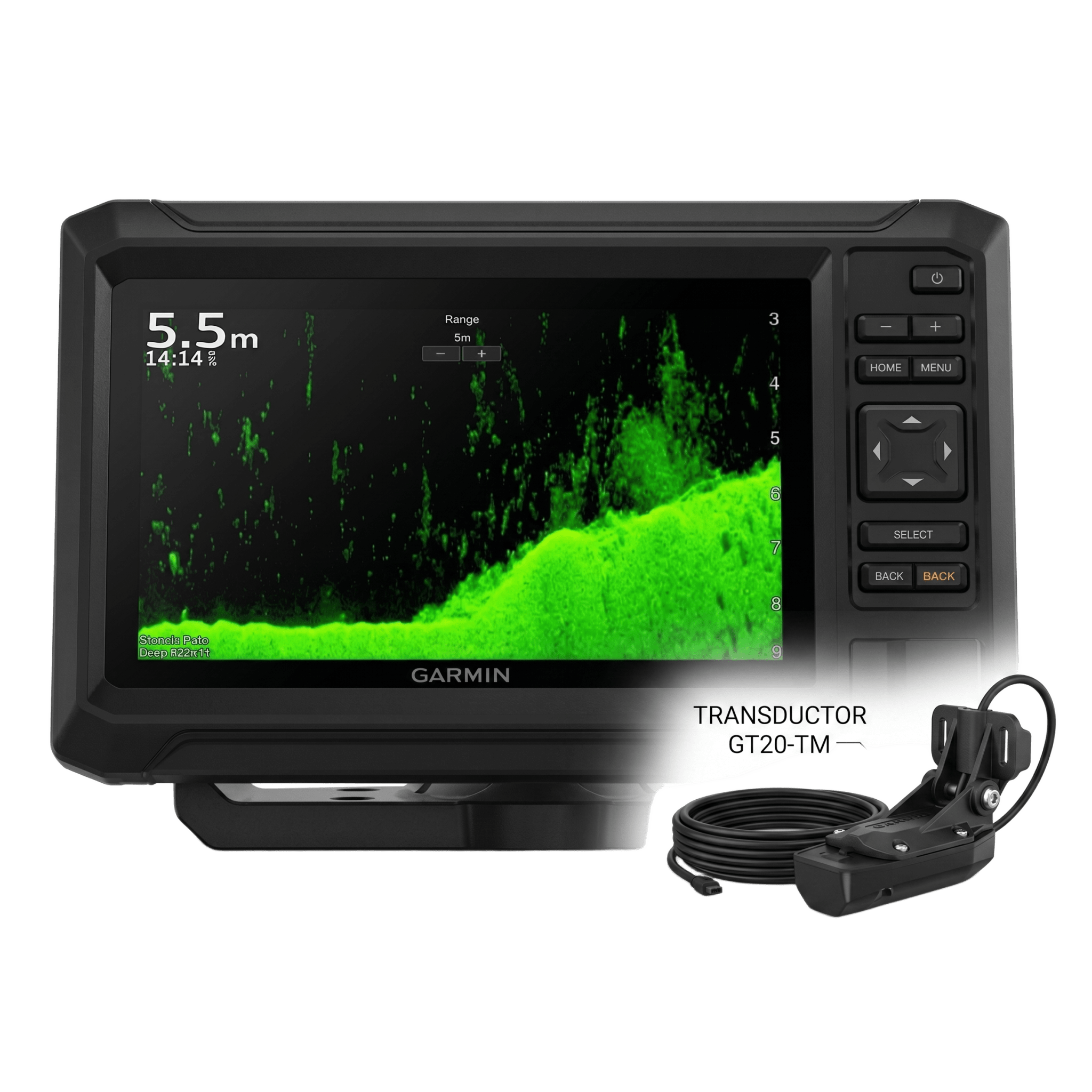 Plotter de Navegación ECHOMAP™ UHD2 de 7" / Incluye transductor GT20-TM / WVGA TN 6.1" / Resolución 800x480 / IPX7 / 500 W de Potencia / CHIRP de Baja, Media y Alta Frecuencia / ClearVü / Compatible con BlueChart y Navio