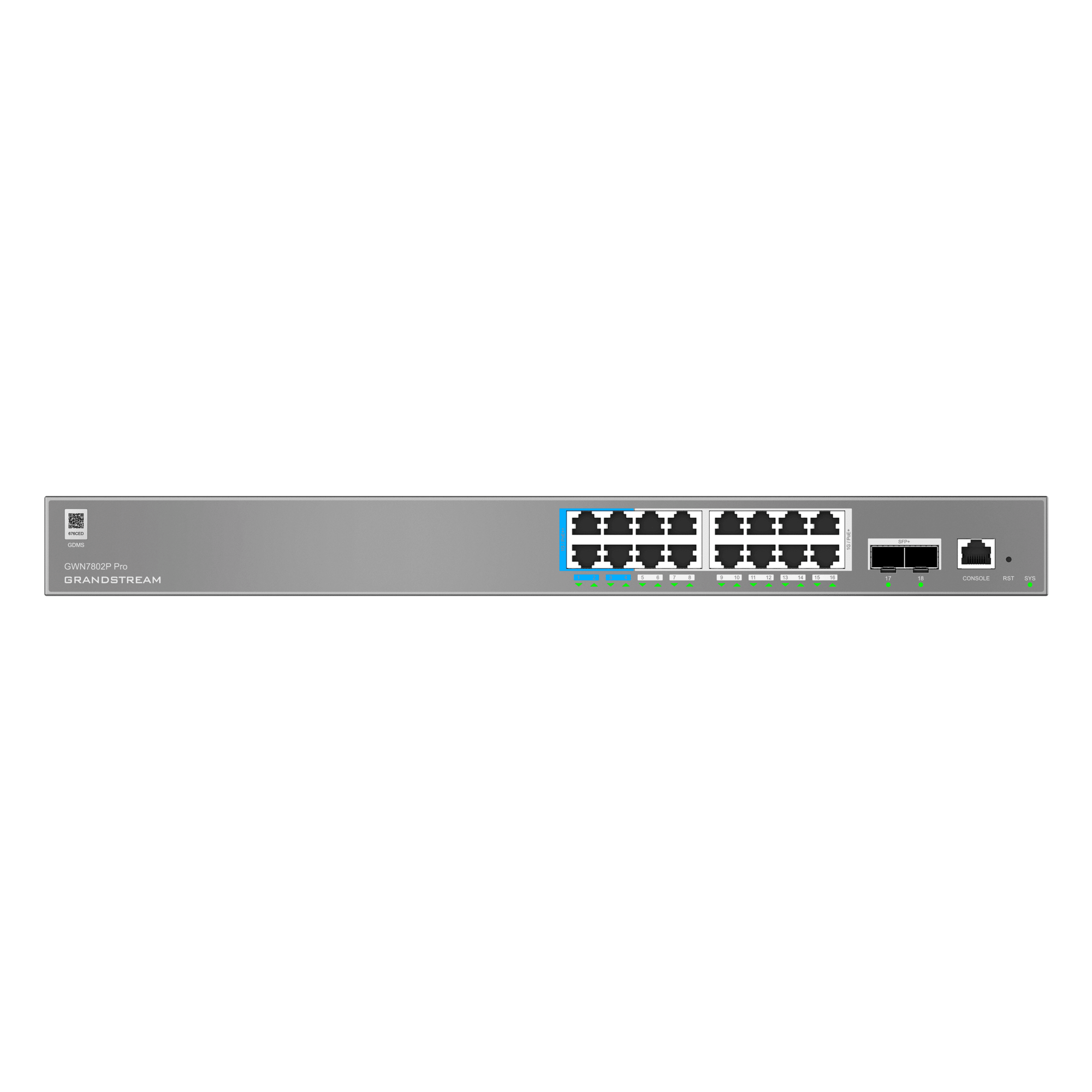 Switch de Red Empresarial L2++ / Serie GWN7800 Pro / 16 Puertos Gigabit PoE 250W / 2 Puertos SFP+ / Gestión Cloud GDMS / VLAN 4K / QoS Avanzado / Seguridad Integral — GRANDSTREAM · SKU GWN7802P-PRO