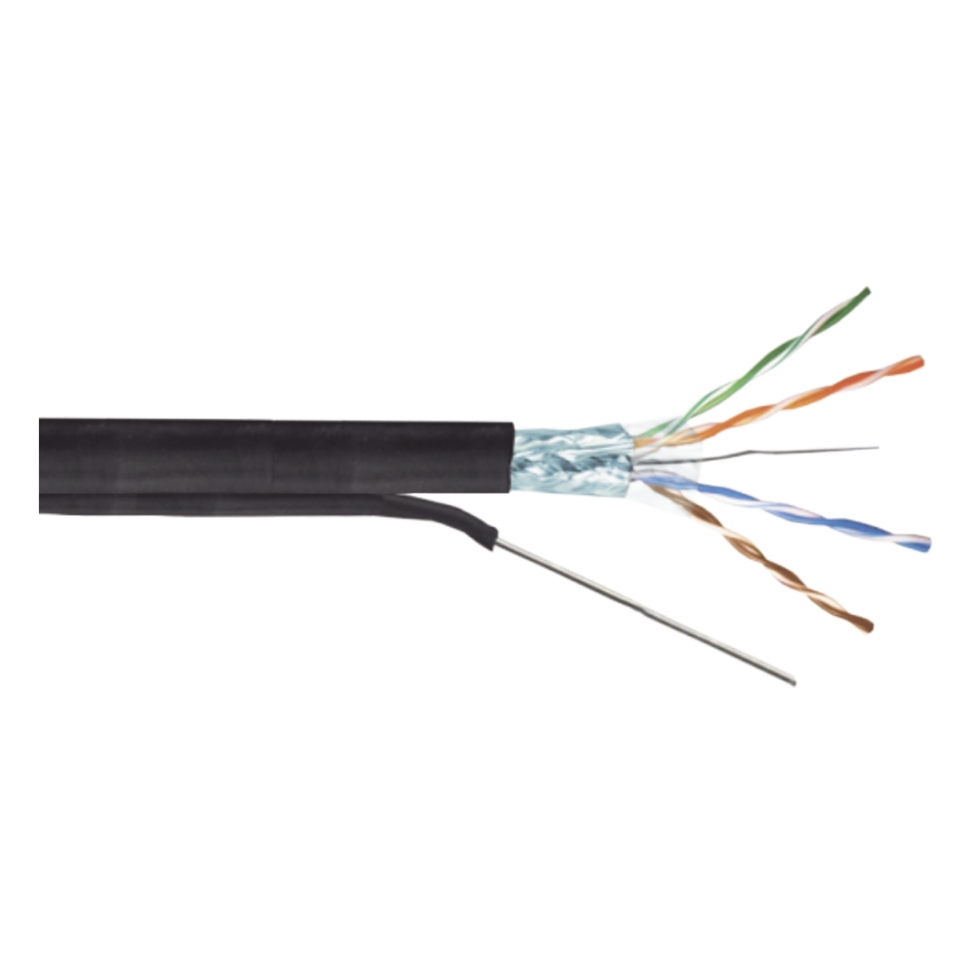 Bobina de Cable FTP con Mensajero de Acero de 305 Metros (1000 Pies) Cat6+ Calibre 23, Color Negro, para Aplicaciones en Video Vigilancia y Redes de Datos / Uso en Intemperie y Aplicaciones Aéreas
