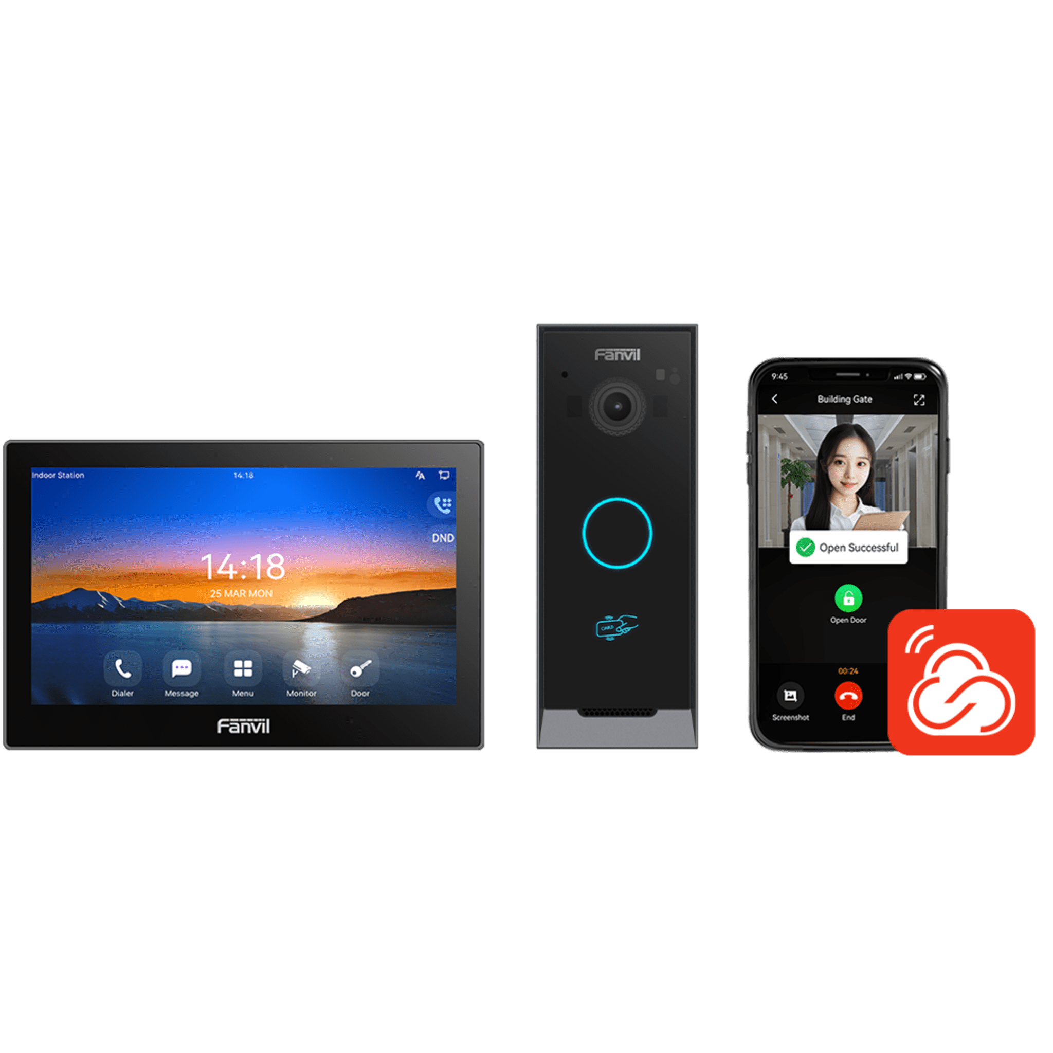 Kit Videoportero IP / Estación Interior i504W + Frente de Calle i60 / Pantalla Táctil 7" HD / Videollamadas H.264/H.265 / Wi-Fi Dual Band / PoE / App Fanvil Link / ONVIF / 10,000 Tarjetas RFID