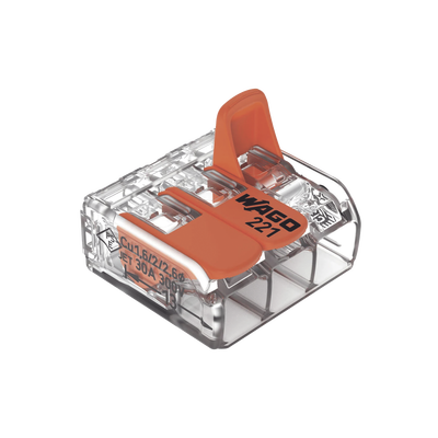Borna de Conexión con Palancas / 3 Conductores / CAGE CLAMP® / 6 mm² (10 AWG) Máximo / 32A 450V / Transparente / Palancas Naranja / TB85 — WAGO · SKU 221-613