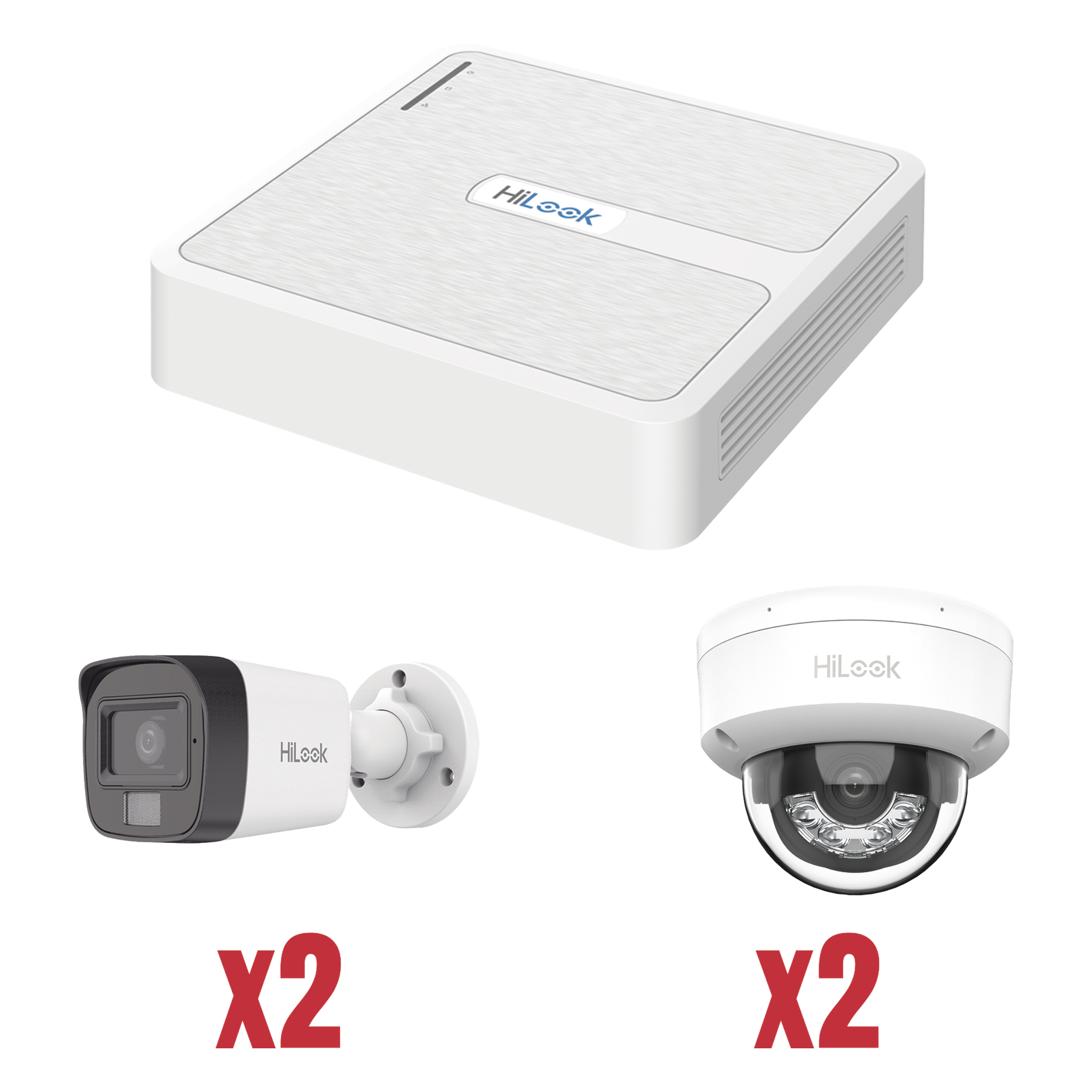Kit de Videovigilancia IP / NVR 4 Canales PoE / 2 Cámaras Bala + 2 Cámaras Domo / 2 Megapixel / IR 30 m (98.4 ft) / Dual Light / 101° Ángulo de Visión — HiLook by HIKVISION · SKU KIP2MP/2B2D