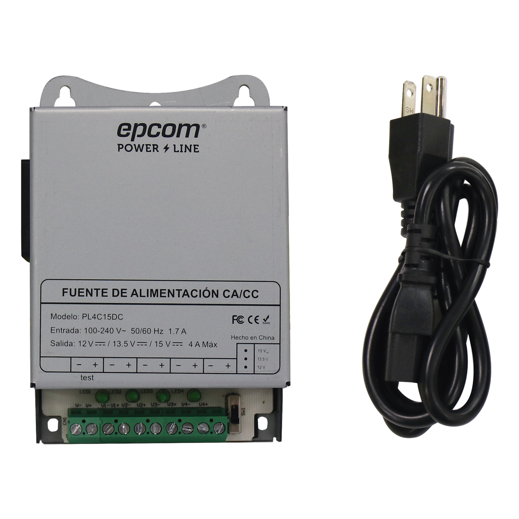 Fuente de Poder Metálica / Para 4 Cámaras / Ajustables a 12 o 13.5 o 15 Vcc / 4 Amperes / Instalación en Pared. — EPCOM POWERLINE · SKU PL-4C-15DC