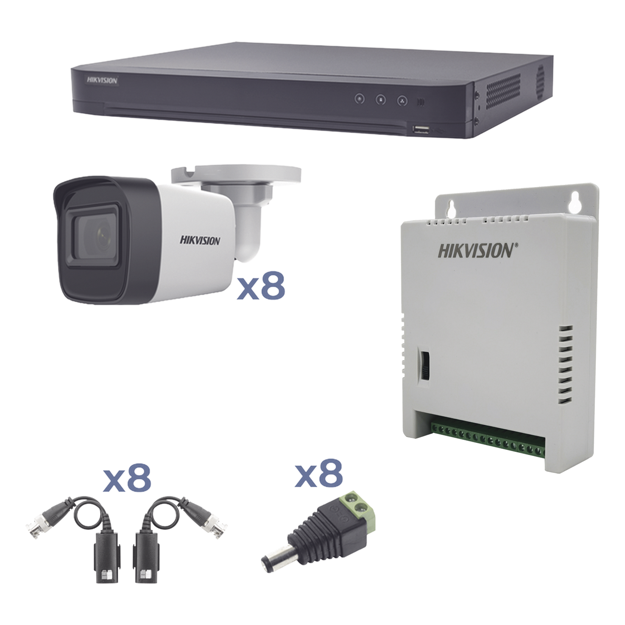 KIT TurboHD 1080p / DVR 8 Canales / 8 Cámaras Bala (exterior 2.8 mm) / Transceptores / Conectores / Fuente de Poder Profesional hasta 15 Vcc para Larga Distancia — HIKVISION · SKU KH1080P8BW