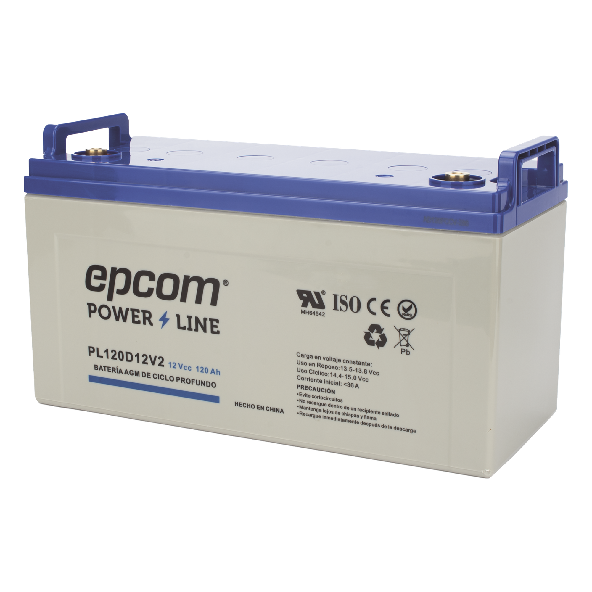Batería de respaldo 12 120 Ah AGM | Certificada UL94-HB Retardo a la flama básica | Ciclo profundo | Para uso en aplicaciones fotovoltaicas y de emergencia | Terminales T4  — EPCOM POWERLINE · SKU PL120D12V2