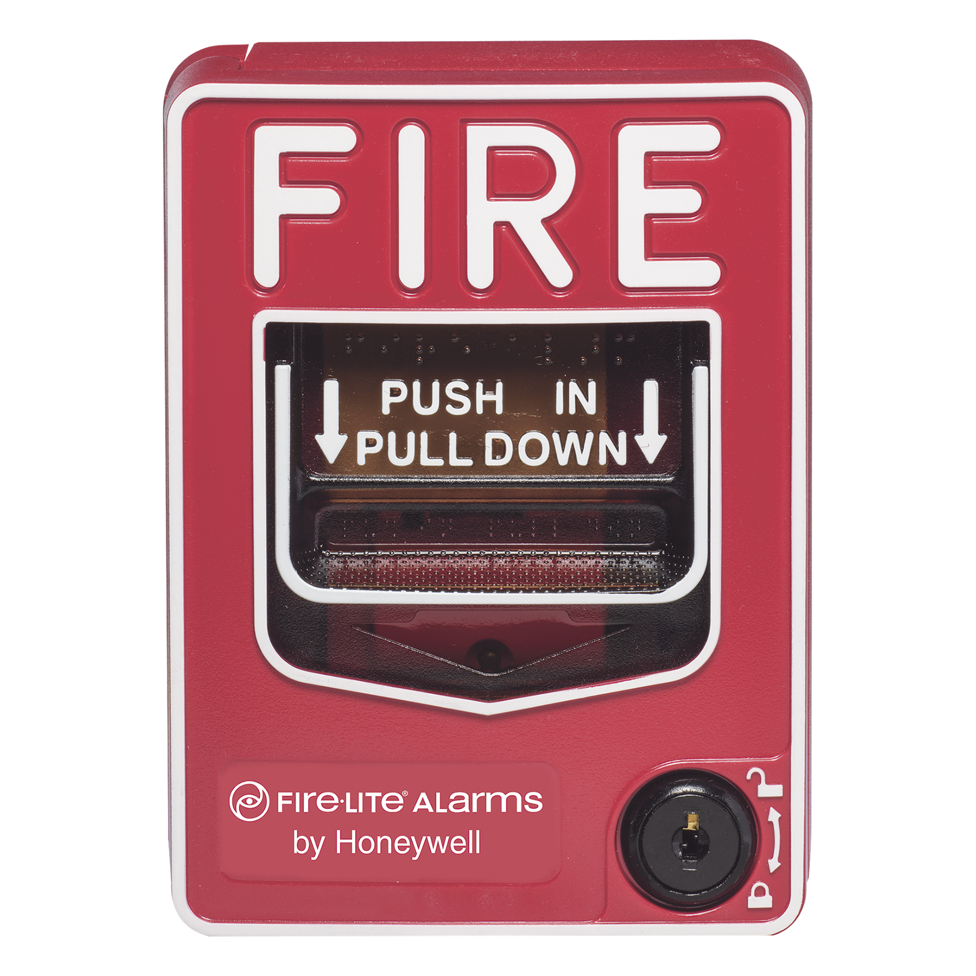 Estación manual de alarma contra incendio, doble acción, para uso en exterior, con cerradura de llave — FIRE-LITE · SKU BG-12LOB