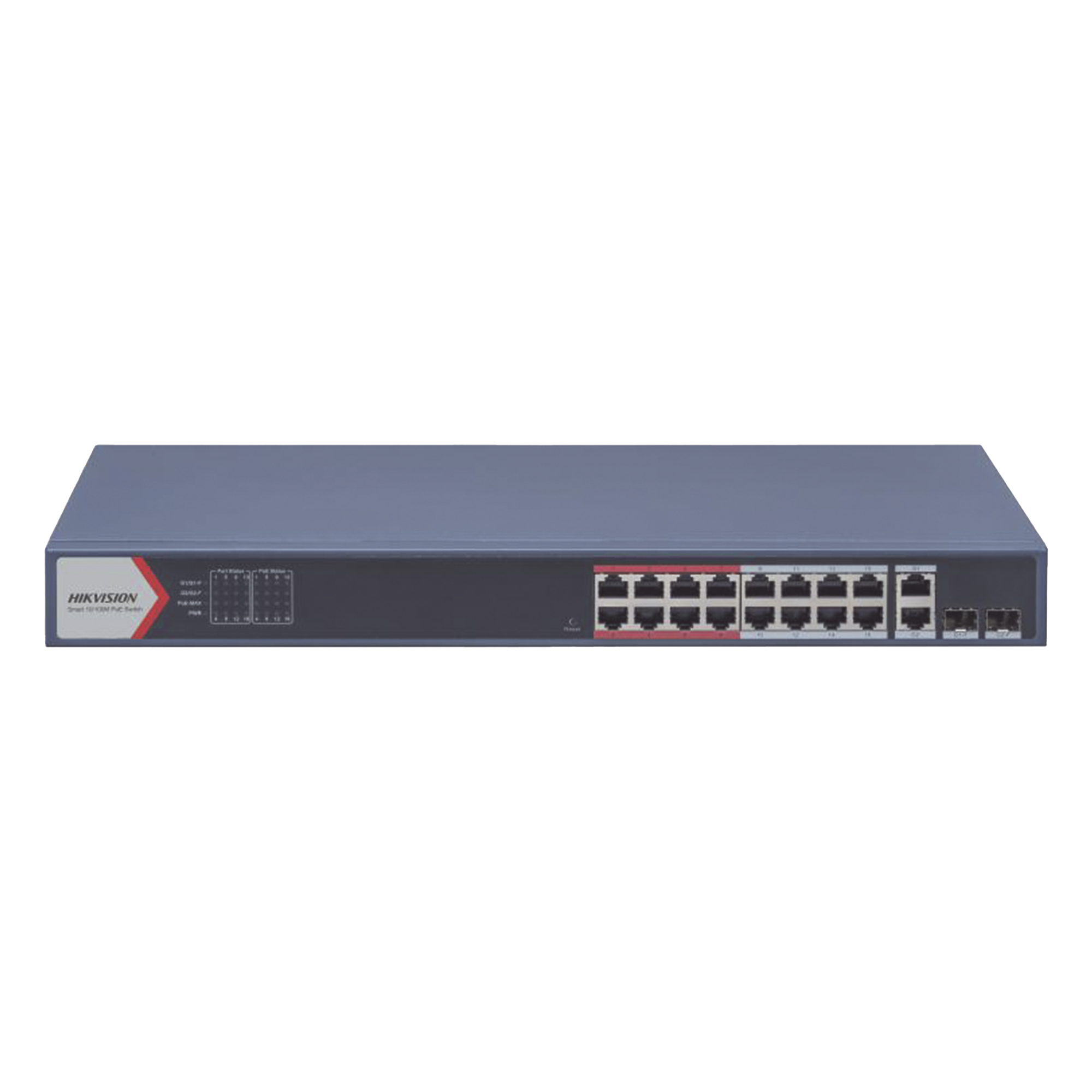 Switch PoE+ / Monitoreable / 16 puertos 10/100 Mbps PoE+ / 2 Puertos 1000 Mbps Uplink / 2 Puertos SFP de Uplink / Configuración Nube Hik-Partner Pro / Modo Extendido hasta 300 metros / 230 W — HIKVISION · SKU DS-3E1318P-EI(B)