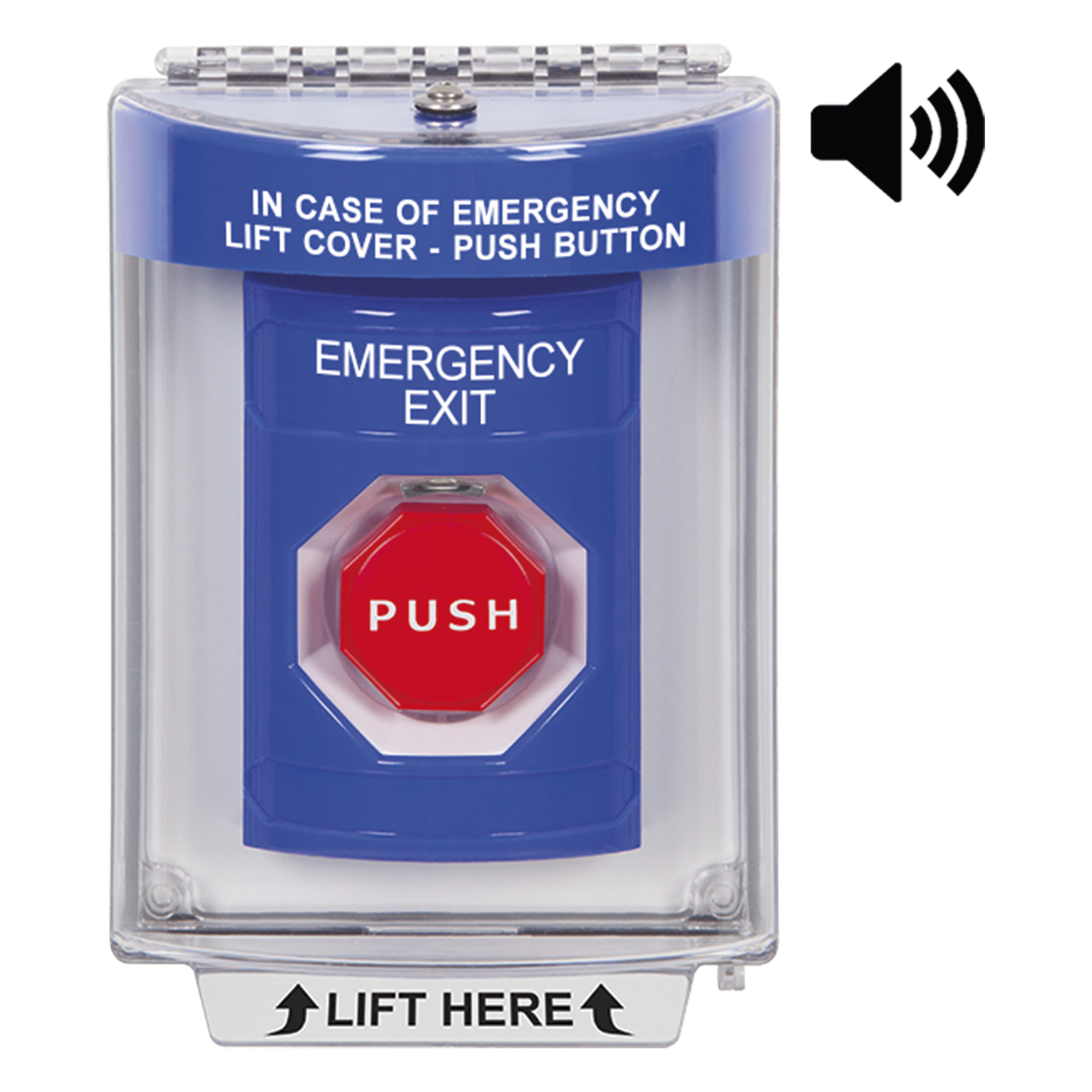 Botón De Salida De Emergencia Con Bocina De Advertencia Integrada, Interior/Exterior, Texto En Ingles, Tapa Protectora De Policarbonato Súper Resistente, Neumático — STI · SKU SS2448EX-EN