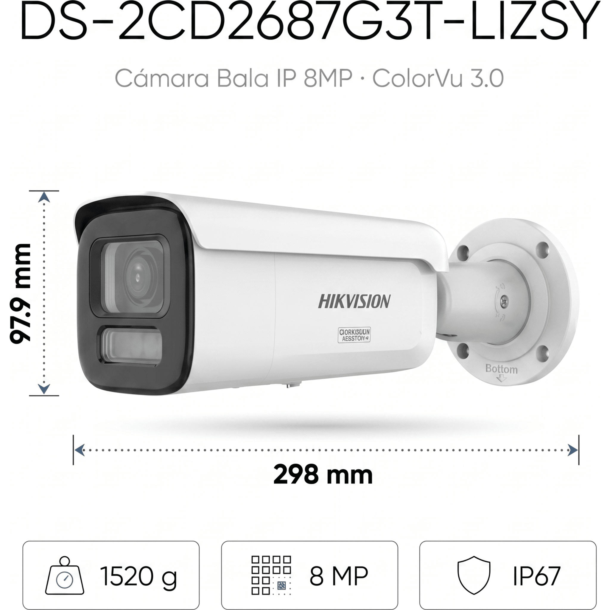 [Dual Light + ColorVu 3.0 + HikAI] Bala IP 8 Megapixel / Lente Mot. 2.8 a 12 mm / 60 mts IR + Luz Blanca / Exterior IP67 / WDR 130 dB / ACUSENSE 3.0 / Metal / NEMA 4X / ACUSEEK