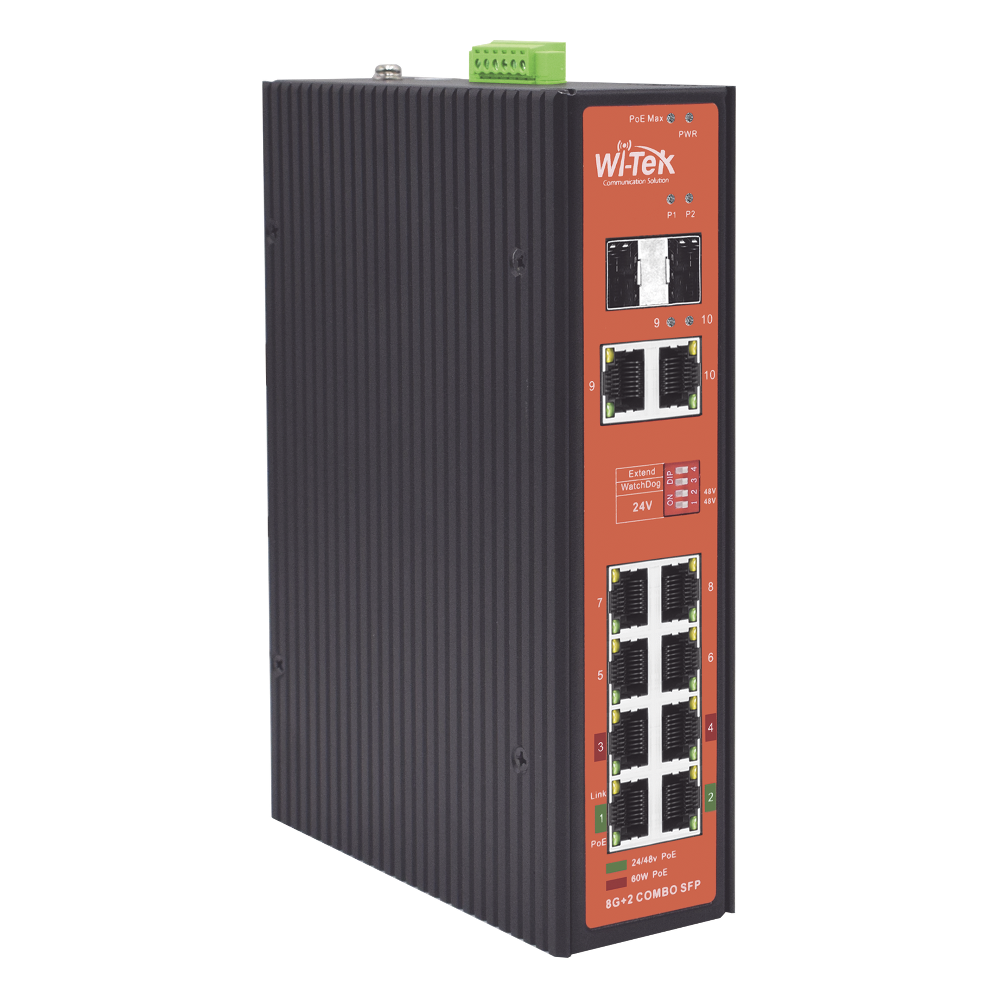 Switch PoE Industrial No administrable / Puertos 1-2 PoE 802.3 af/at y PoE 24 Vcc Pasivo 30W / Puertos 3-4 PoE 802.3 af/at/bt Hasta 60W / Puertos 5-8 PoE 802.3 af/at Hasta 30W / Los 8 puertos son Gigabit + 2 SFP combo / Presupuesto 300W