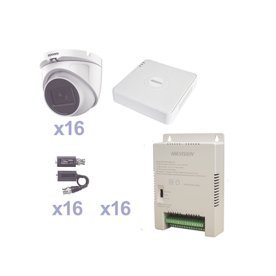 KIT TurboHD 1080p Lite / DVR 16 Canales / 16 Cámaras Eyeball Exterior ( 2.8mm) / Transceptores / Conectores / Fuente de Poder Profesional