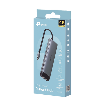 Adaptador HUB 9 en 1, 1 puerto USB-C entrada, 1 puerto HDMI 4K, 1 puerto Ethernet Gigabit, 1 puerto SD y MicroSD, 1 puerto USB-C y 3 puertos USB-A