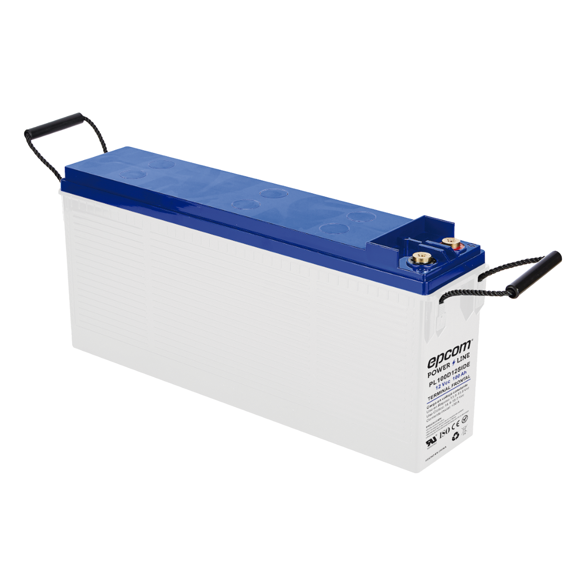 Batería de Ciclo Profundo AGM-VRLA / 12V 100Ah (10h) / Placas Gruesas Alta Densidad / Carcasa Ignífuga UL94-V0 / Terminal M8 / Baja Autodescarga / 1620A Cortocircuito — EPCOM POWERLINE · SKU PL100D12SIDE