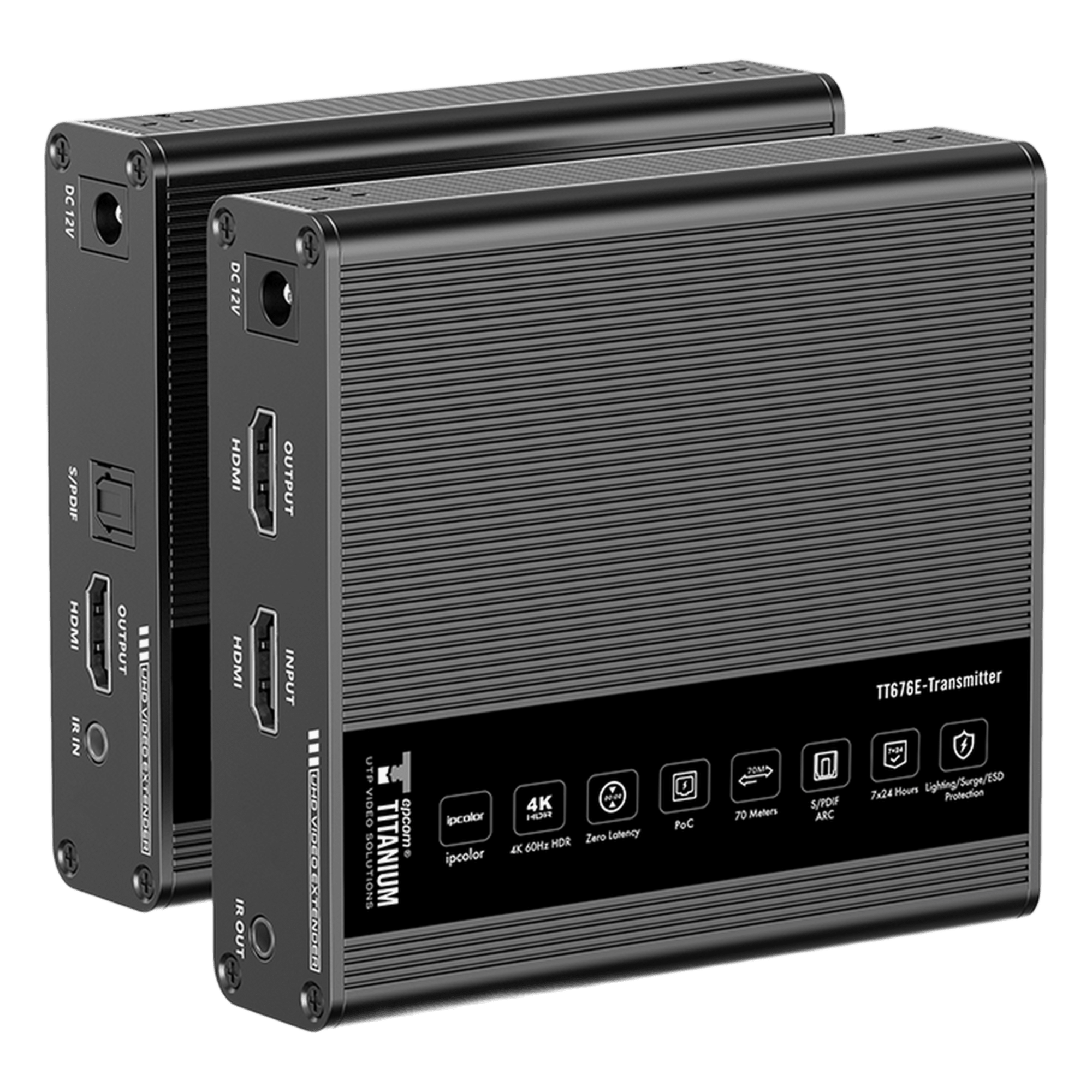 Kit Extensor HDMI para distancias de 70 metros / Resolución 4K x 2K@ 60 Hz/ Cat 6, 6a y 7 / IPCOLOR / CERO LATENCIA / SIN COMPRIMIR / Uso 24/7 / Puerto S/PDIF / Salida Loop / Alimente solo el Tx (PoC) / Control IR — EPCOM TITANIUM · SKU TT-676E
