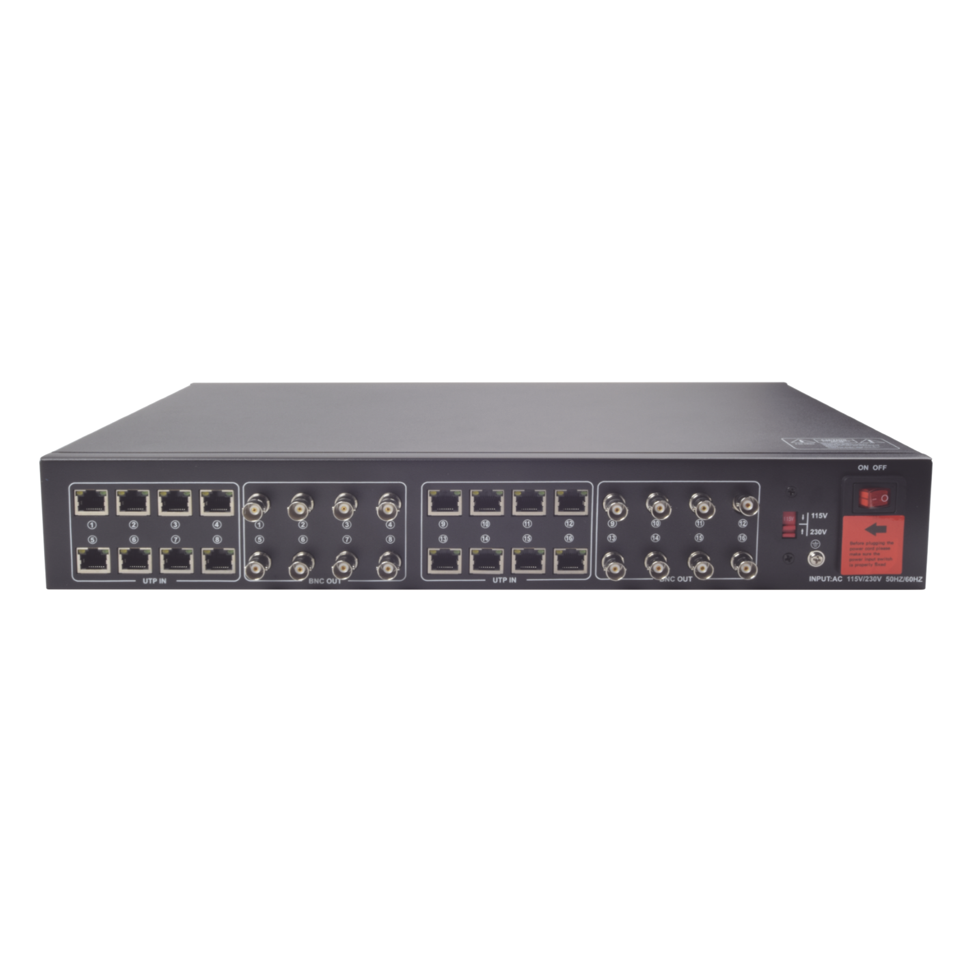 Kit de TRANSCEPTOR ACTIVO DE 16 Canales / VIDEO+PODER en un solo Cable UTP / 150m en 4K, 200m en 5 MP/ Envía 36 Vcc y recibe 12 Vcc / TODO INCLUIDO PARA RACK / Compatible con cámaras HD-TVI/CVI/AHD/CVBS / Instalación Limpia
