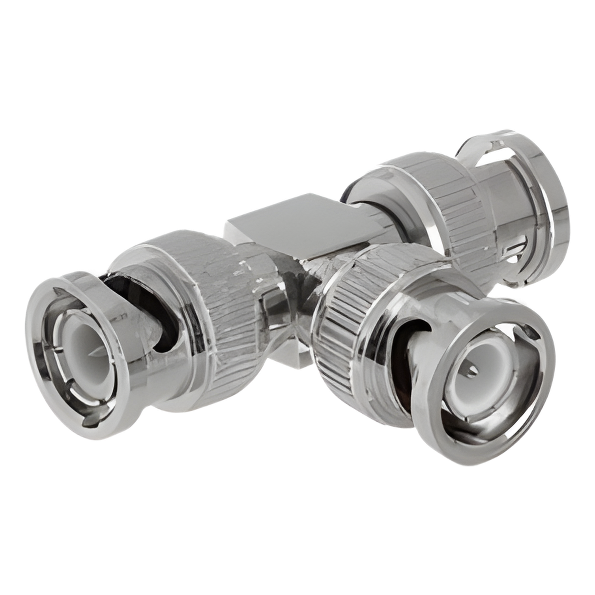 Adaptador de Triple conectores BNC macho para uso en sistemas de video vigilancia en aplicación con cables coaxiales RG-59/ RG-6, Níquel/ Oro/ Politetrafluoroetileno. — EPCOM TITANIUM · SKU TT-RG-14