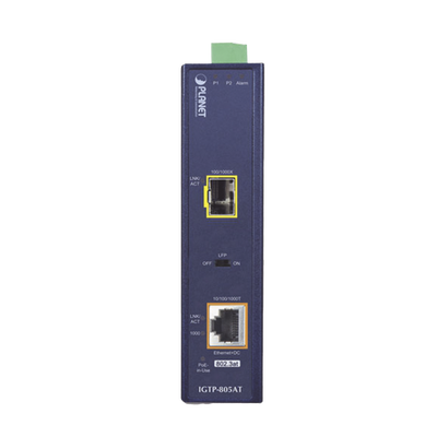 Convertidor de Medios PoE Industrial, Puerto SFP 1000BASE-SX/LX a Puerto RJ45 Gigabit con Salida PoE 802.3at (Hasta 30 W).