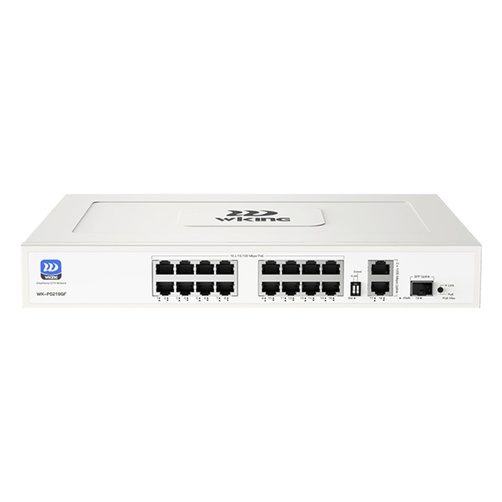 Switch no administrable PoE WI-TEK / Gestión Cloud / 16 Puertos 10/100 Mbps PoE af/at / 2 Puertos Uplink Gigabit / 1 Ranura SFP 1000 Mbps / Presupuesto 180 W / Puerto 1 Hi-PoE 60W · SKU WK-PS219GF