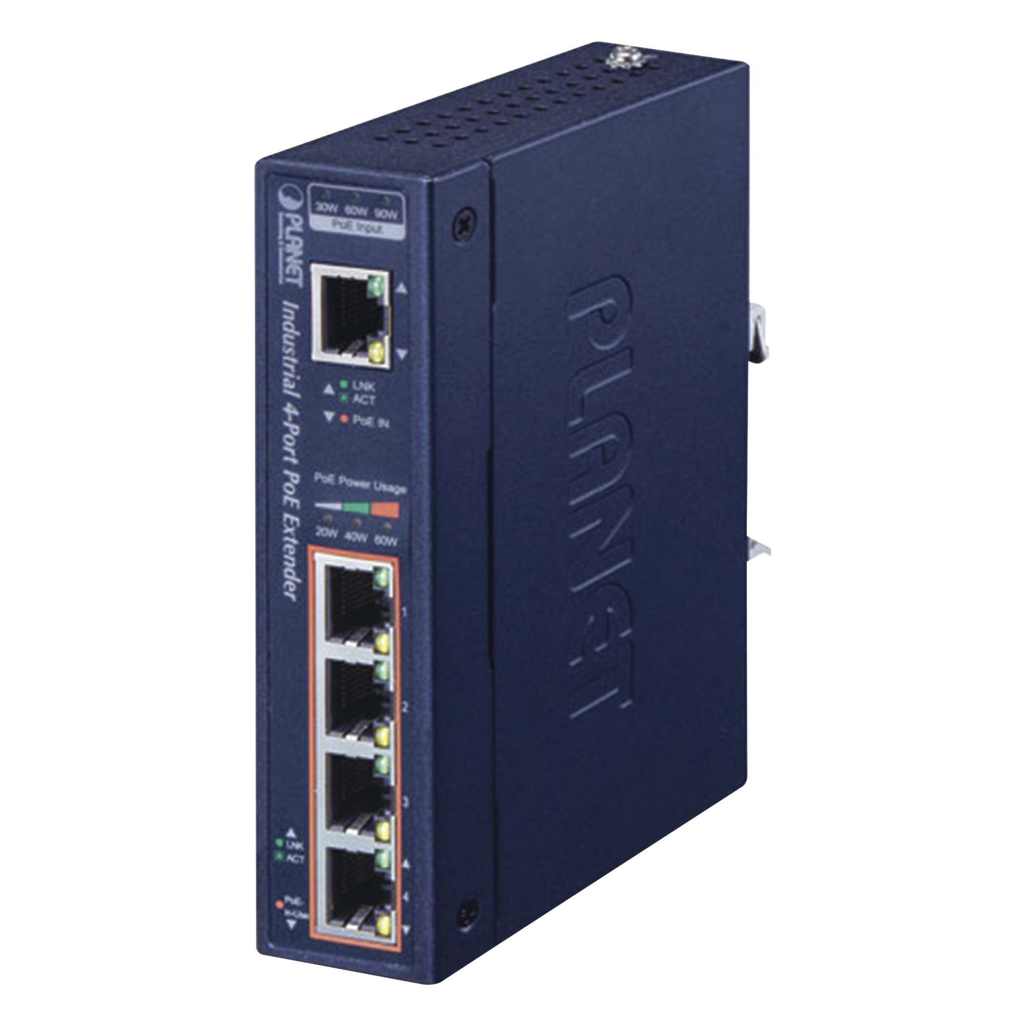Extensor Industrial PoE, Entrada PoE 802.3 bt  y 4 Puertos de Salida Gigabit 802.3 af/at — PLANET · SKU IPOE-E174