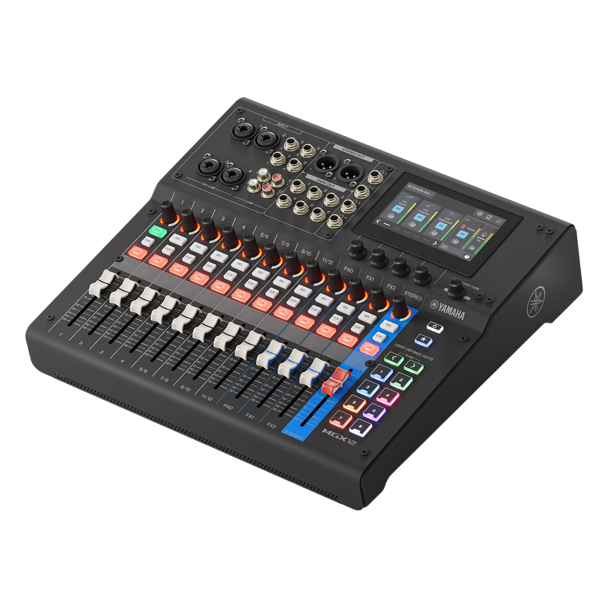 Consola Digital de Audio | 12 Canales | Pantalla Táctil 4.3in | Entradas de Mic/Line y Estéreo | Salidas Análogas y USB | Pads configurables | DSP | Entrada Bluetooth |  Grabación Multipista | Color Negro — YAMAHA · SKU MGX12B