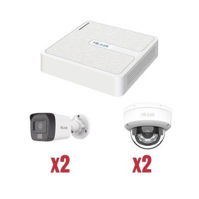 Kit IP 1080p (2 Megapixel) / NVR de 4 Canales con 4 Puertos PoE / 2 Cámaras IP Bala para Exterior con microfono y Dual light / 2 Cámaras IP Domo para Exterior — HiLook by HIKVISION · SKU KIP2MP/2B2D
