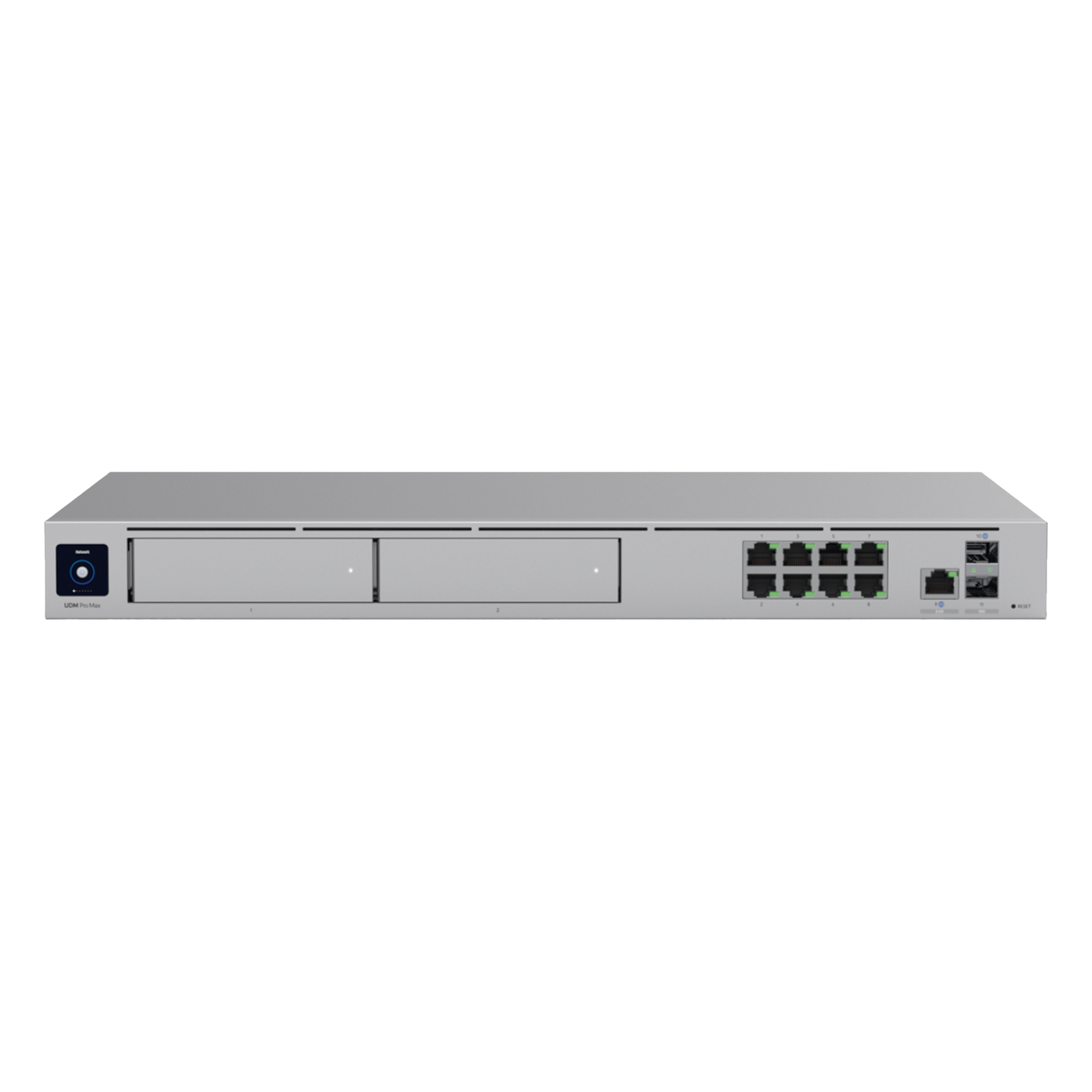 Cloud Gateway 10G / Rack 1U / 8x 1 GbE + 1x 2.5 GbE + 2x 10G SFP+ / IDS/IPS 5 Gbps / 2000 Clientes / 2 Bahías HDD 3.5" RAID 1 / SSD 128 GB — UBIQUITI · SKU UDM-PRO-MAX