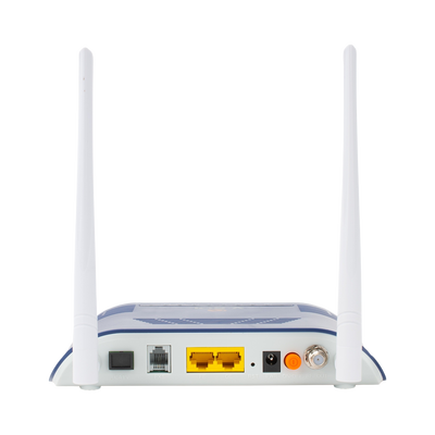 ONU Dual GPON/EPON con Wi-Fi en 2.4 GHz + 1 puerto SC/APC + 1 puerto LAN Gigabit + 1 puerto LAN Fast Ethernet + 1 puerto FXS + 1 puerto CATV, hasta 300 Mbps vía inalámbrico