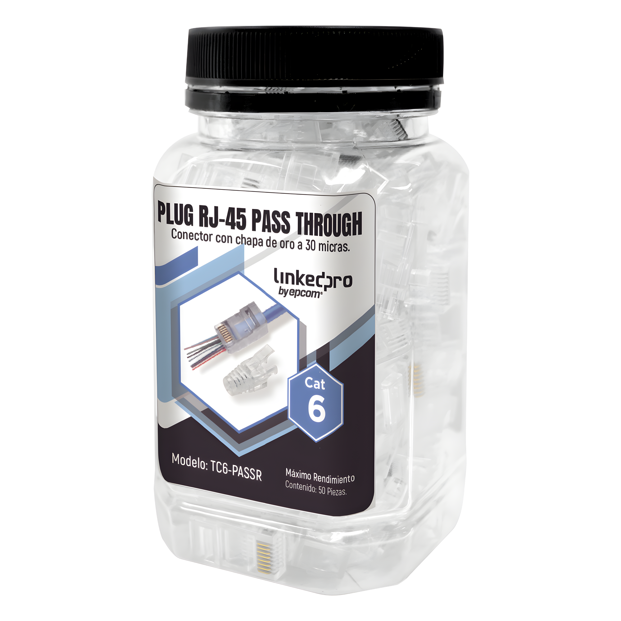 Bote con 50 Plugs Pass Through RJ45 Cat6 sin Blindaje, con Alivio de Tensión Incluido, Chapado de Oro a 30 Micras para Durabilidad Extrema — LINKEDPRO BY EPCOM · SKU TC6-PASSR