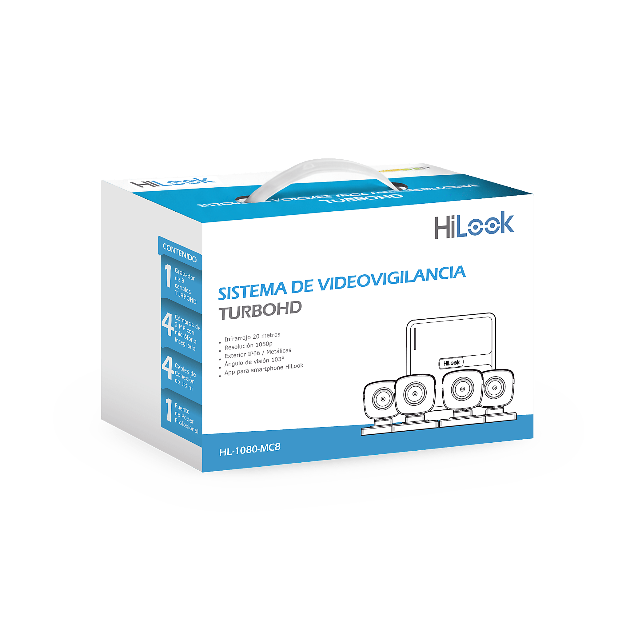 KIT TurboHD 1080p / DVR 8 canales con H.265+ / 4 Cámaras Bala Metálicas / Fuente de Poder / Accesorios de Instalación