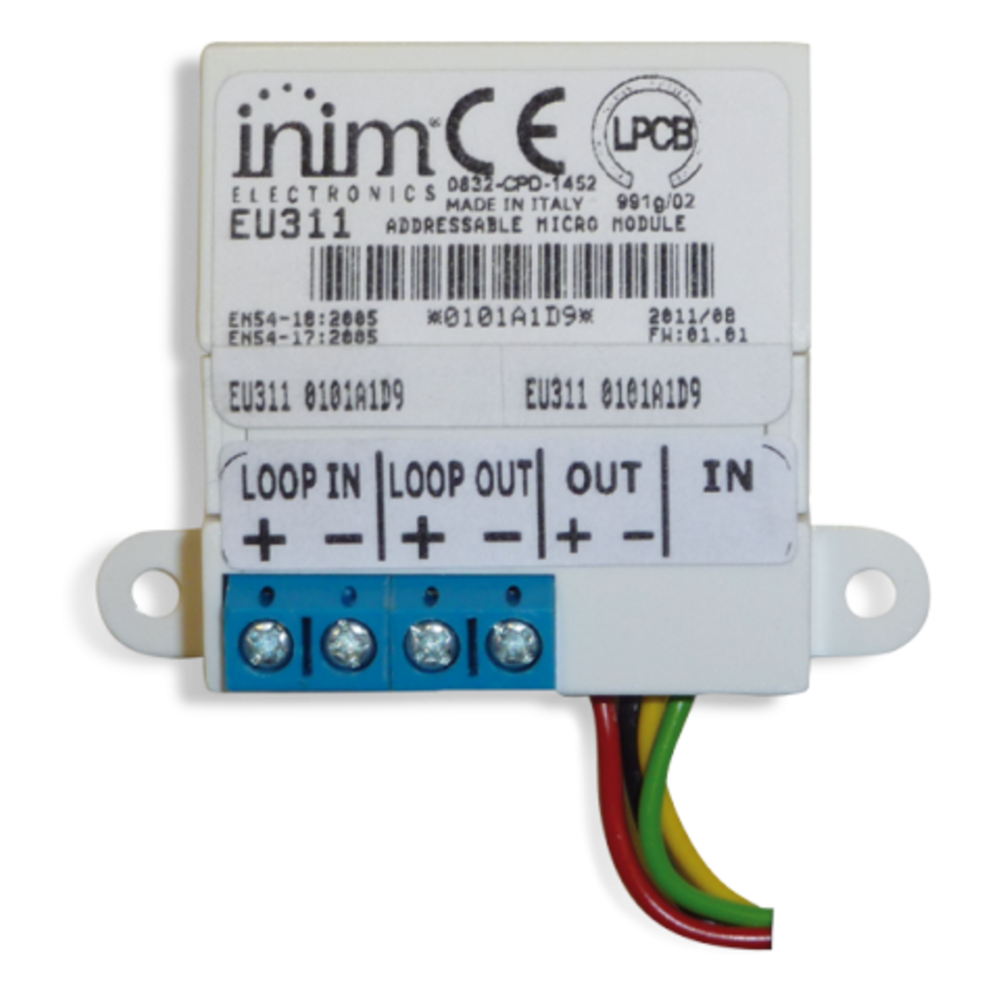 Micromódulo Direccionable / 1 Entrada Supervisada / 1 Salida 20 mA / Aislador Integrado / Certificación EN54-17/18 — INIM ELECTRONICS · SKU EU-311