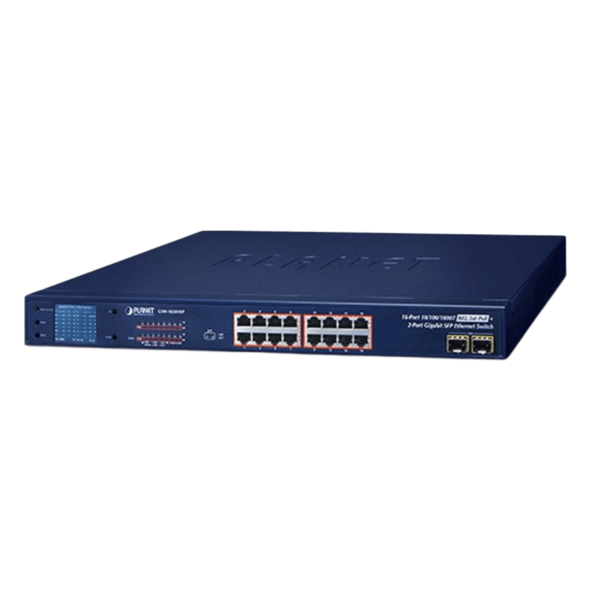 Switch No Administrable PoE+ Extender, Aislamiento VLAN de 16 Puertos Gigabit +, 2 Combo TP/SFP y Pantalla — PLANET · SKU GSW-1820VHP