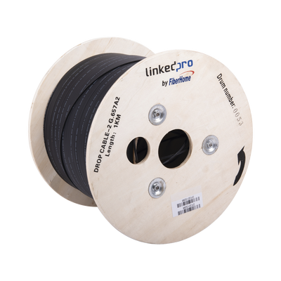 Carrete de 1 km de Fibra Óptica Drop, Interior/Exterior G.657A2 Monomodo de 2 Hilos (Bifibra), Diseñada para Fusionarse, Dieléctrica, Forro Negro, (No Soporta Conectores Mecánicos)