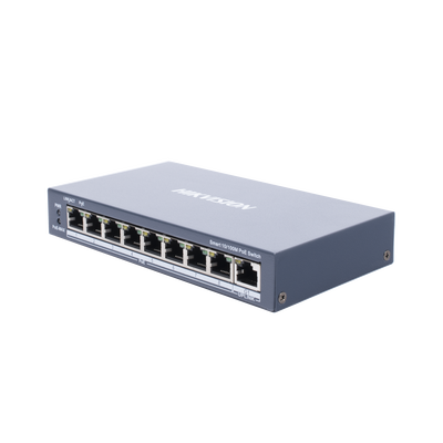 Switch PoE+ / Monitoreable / 8 Puertos 10/100 Mbps PoE+ / 1 Puerto 1000 Mbps de Uplink / Configuración Nube Hik-PartnerPro / Modo Extendido hasta 300 Metros / 110 W