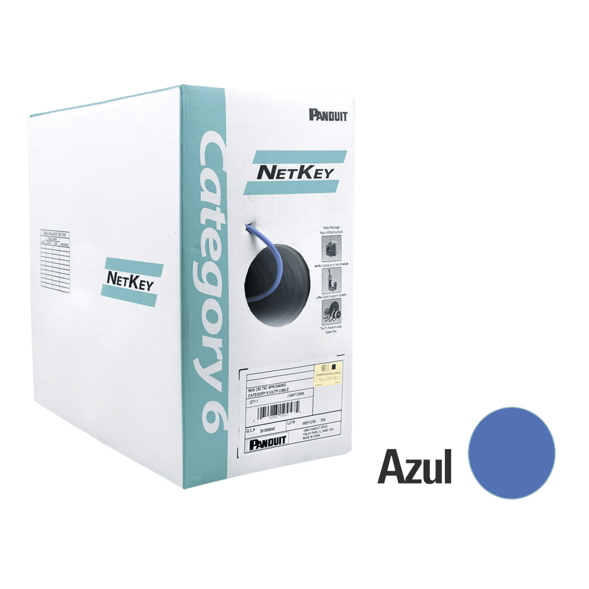 Bobina de Cable UTP 305 Metros (1000 Pies) de Cobre, NetKey, Azul, Categoría 6 (24 AWG), 1000Mbps, Riser (CMR), de 4 Pares