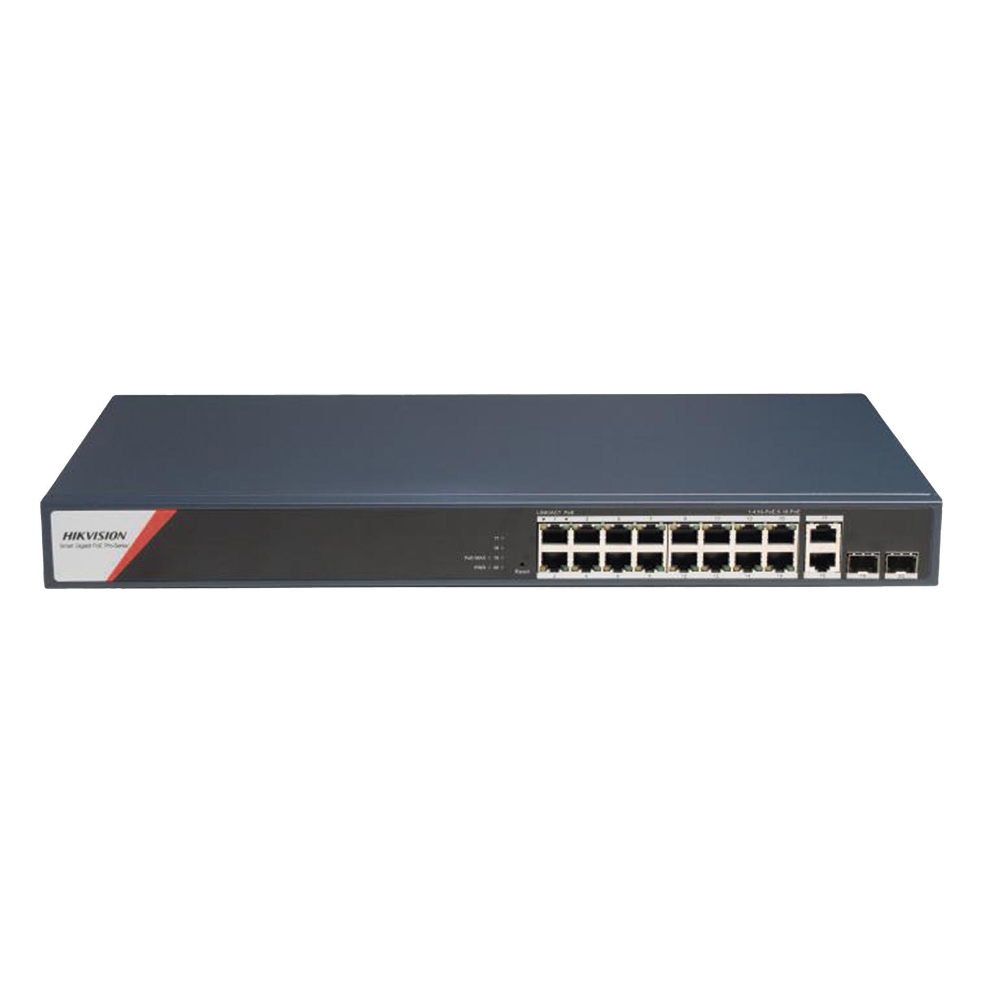 Switch Gigabit PoE+ / Administrable / 16 Puertos 1000 Mbps PoE+ (4 Puertos PoE++ 90 W) / 2 Puertos 1000 Mbps de Uplink / 2 Puertos SFP / Configuración Nube Hik-PartnerPro / Modo Extendido hasta 300 Metros / 230 W — HIKVISION · SKU DS-3E1520HP-SI-16P2T2F