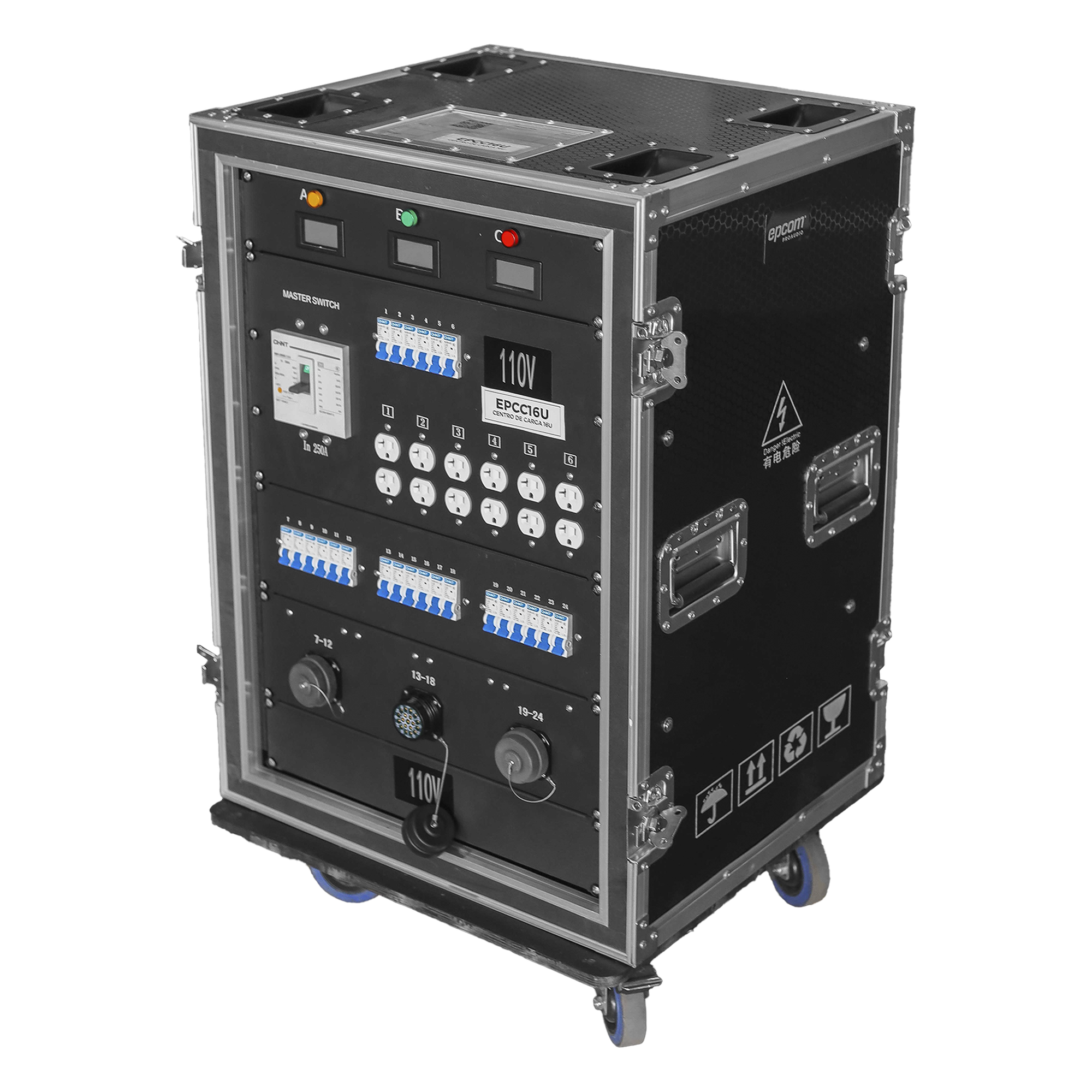 Centro de carga movil para instalaciones temporales con conexión TIPO socapex a 110v Y 220V | RACK 16U — EPCOM PROAUDIO · SKU EP-CC-16U