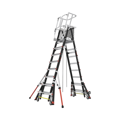 Escalera de Fibra de Vidrio con Jaula de 8'-14' (2.44 - 4.27 m). Con Ajuste en Ruedas (RATCHET™ Leveler) (SKU:18515-817).