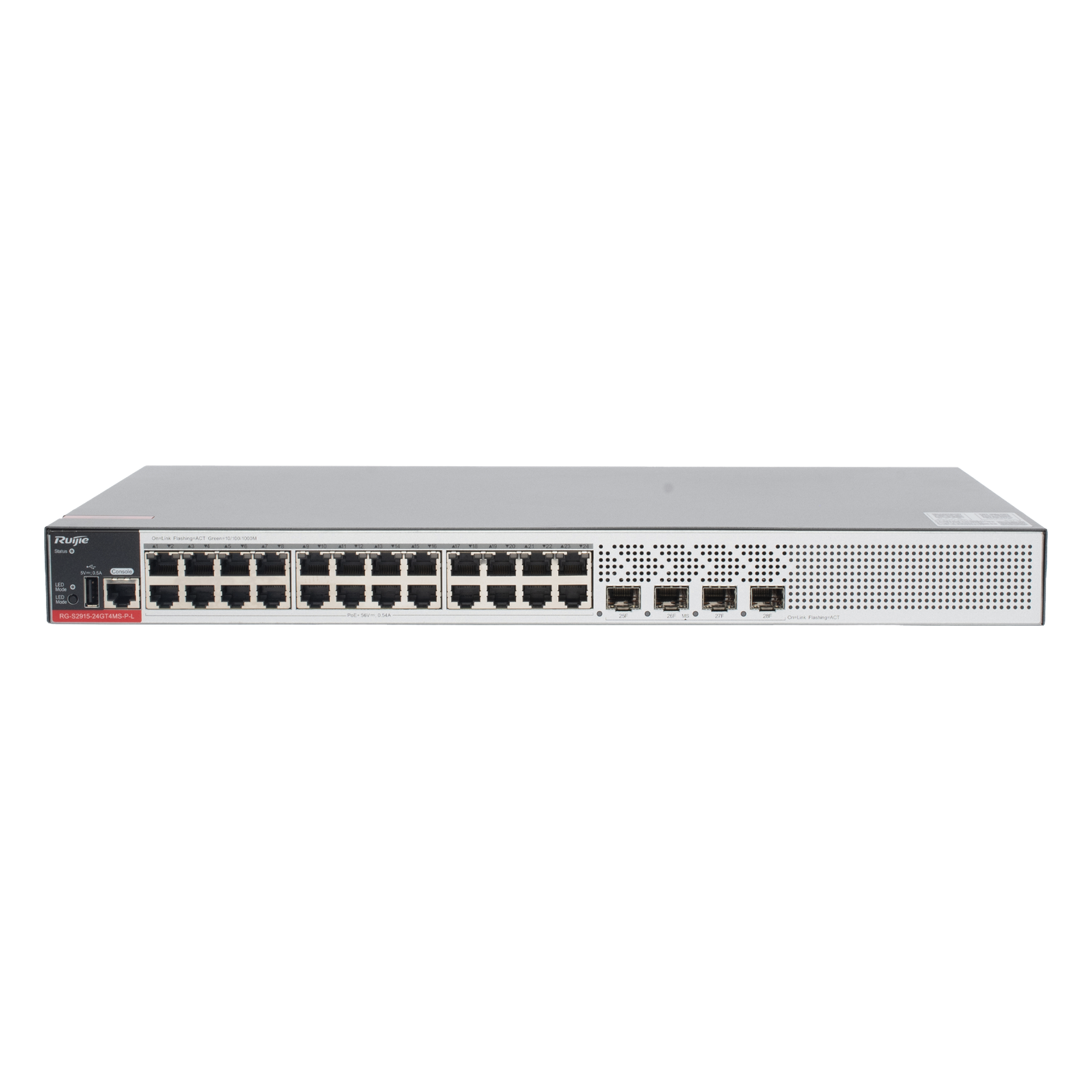 Switch PoE+ Empresarial 370 Watts, Administrable L2+, 24 Puertos Gigabit y 4 Puertos Uplink SFP 2.5G — RUIJIE · SKU RG-S2915-24GT4MS-P-L