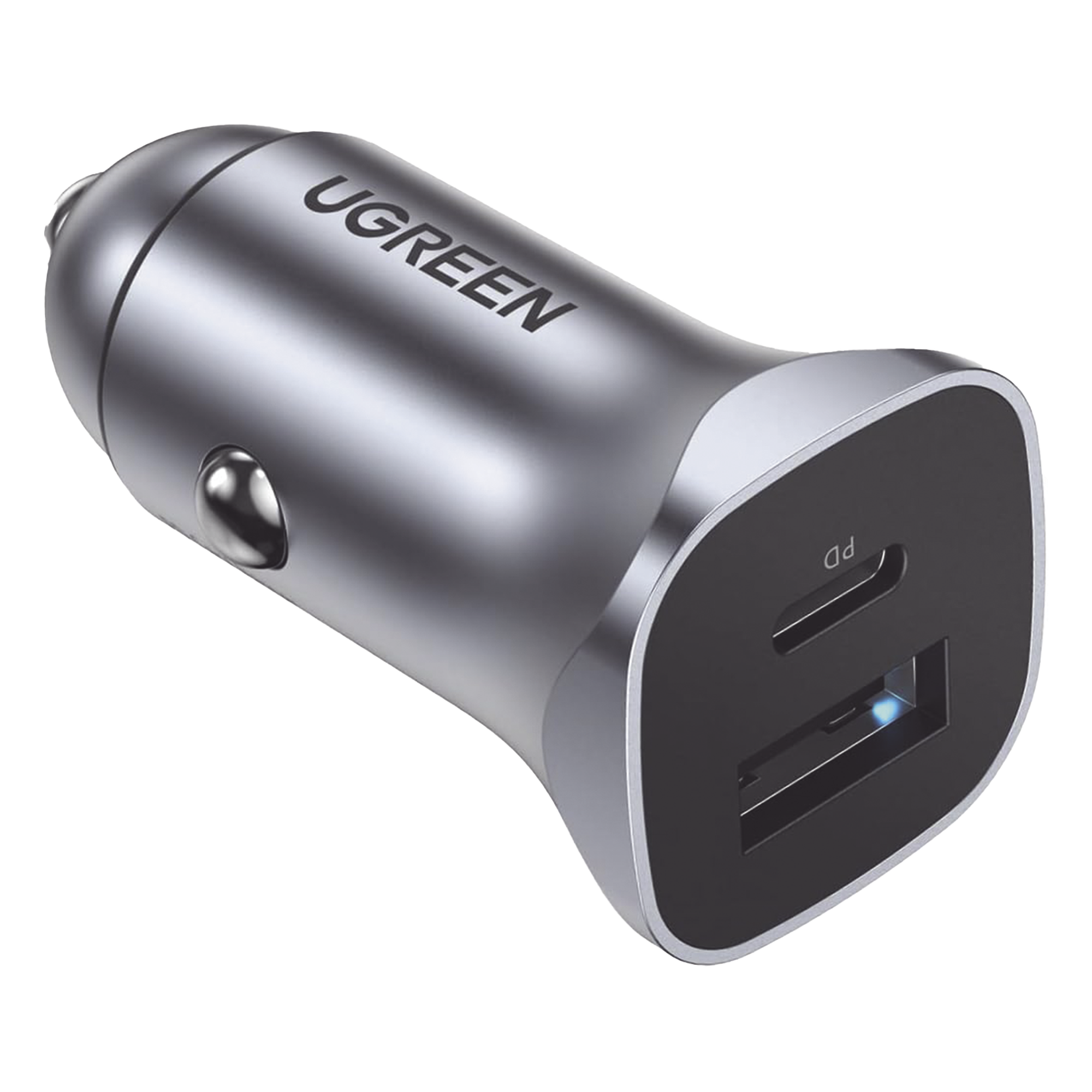 Cargador de Auto 24W | Puerto USB-A y USB-C | Carga Rápida | Compatible con Vehículos de 12 y 24 VCD | PD3.0 + QC3.0 | Indicador Led | Diseño Compacto | Chip Inteligente | Caja de Aluminio — UGREEN · SKU 30780
