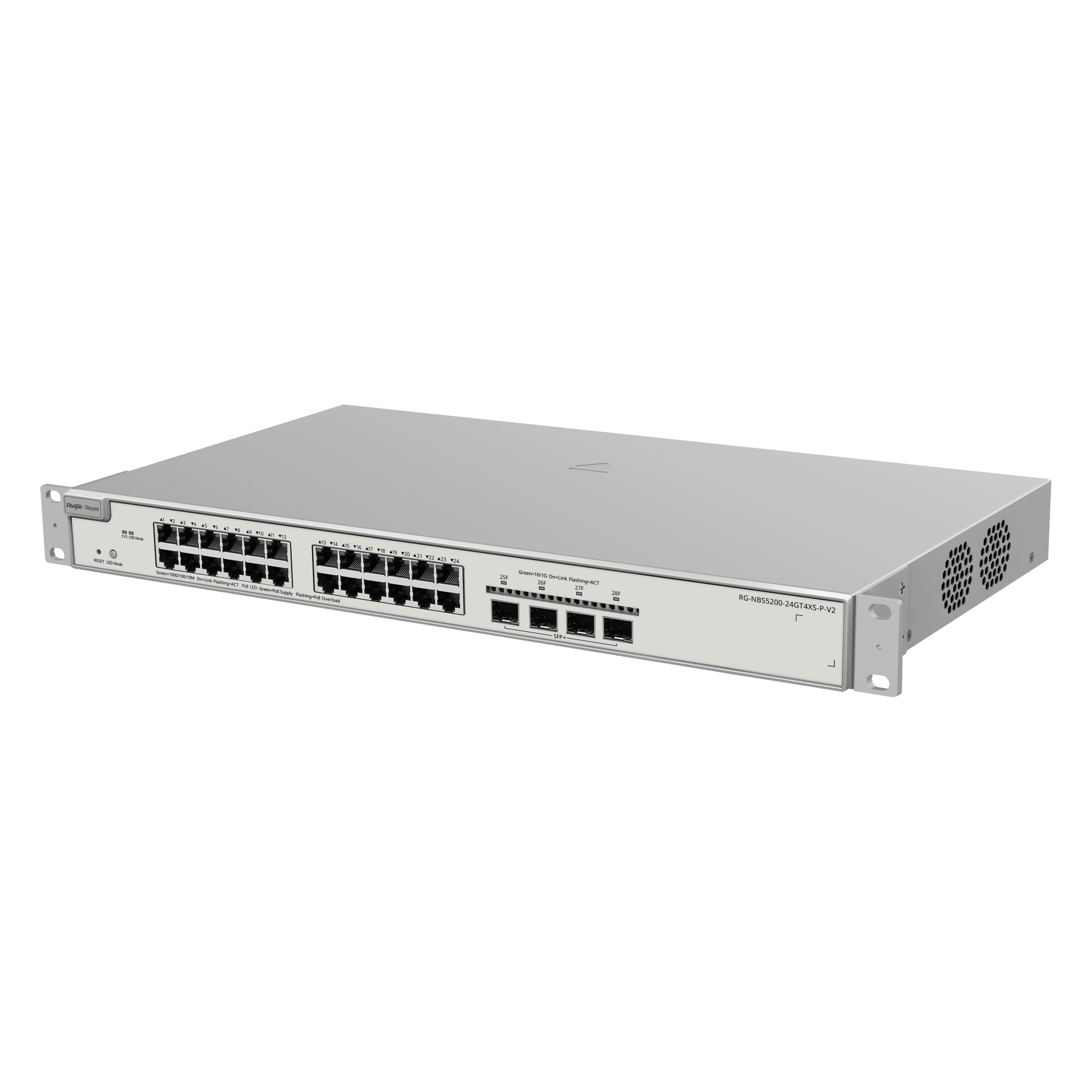 Switch Administrable PoE Capa 2+ Plus, con 24 puertos Gigabit PoE 802.3af/at + 4 SFP+ para fibra 10Gb, gestión gratuita desde la nube, 370w — RUIJIE · SKU RG-NBS3200-24GT4XS-P-V2