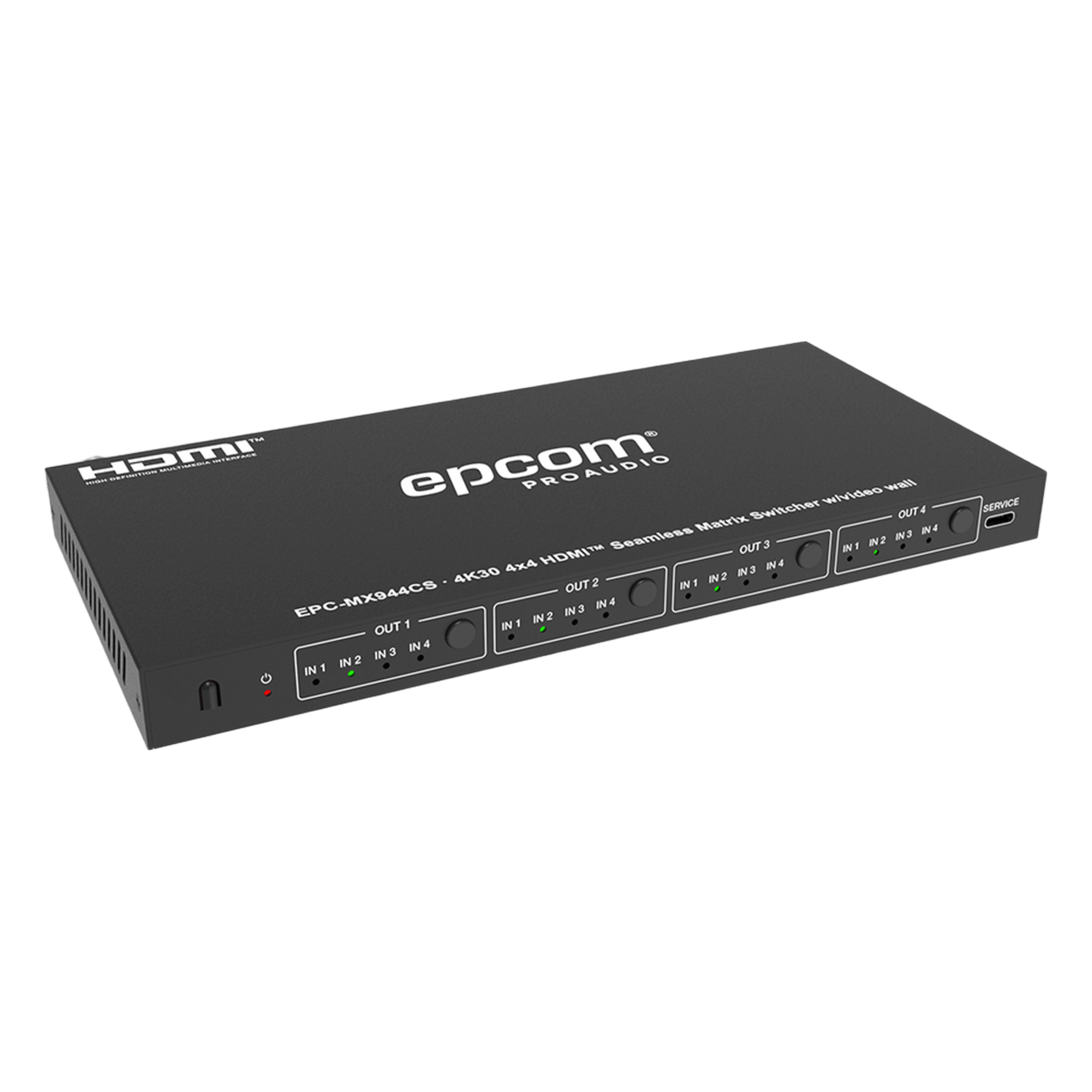 Matriz de Video HDMI 4x4 | Ancho de Banda 10.2 Gbps | Resolución 4K@30Hz | Escalado a 1080P, 720P, 1920x1200, 4K30 | Modos Matriz y Video Wall | Control RS-232 y Remoto Infrared — EPCOM PROAUDIO · SKU EPC-MX944CS