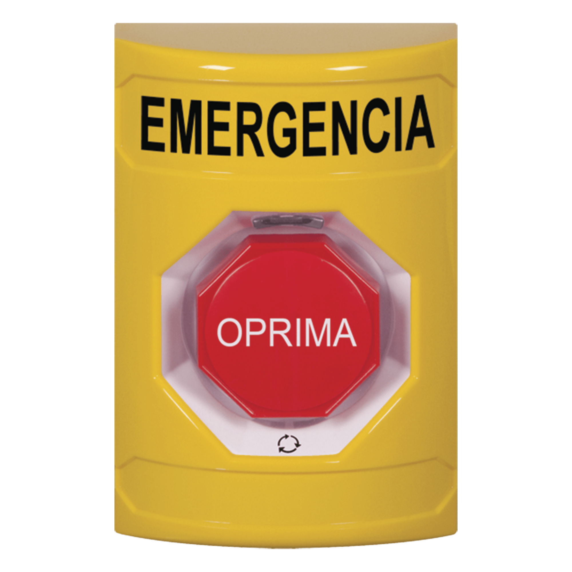 Botón de Emergencia en Español, Color Amarillo, Acción Mantenida, Girar para Restablecer y LED Multicolor — STI · SKU SS2209EM-ES