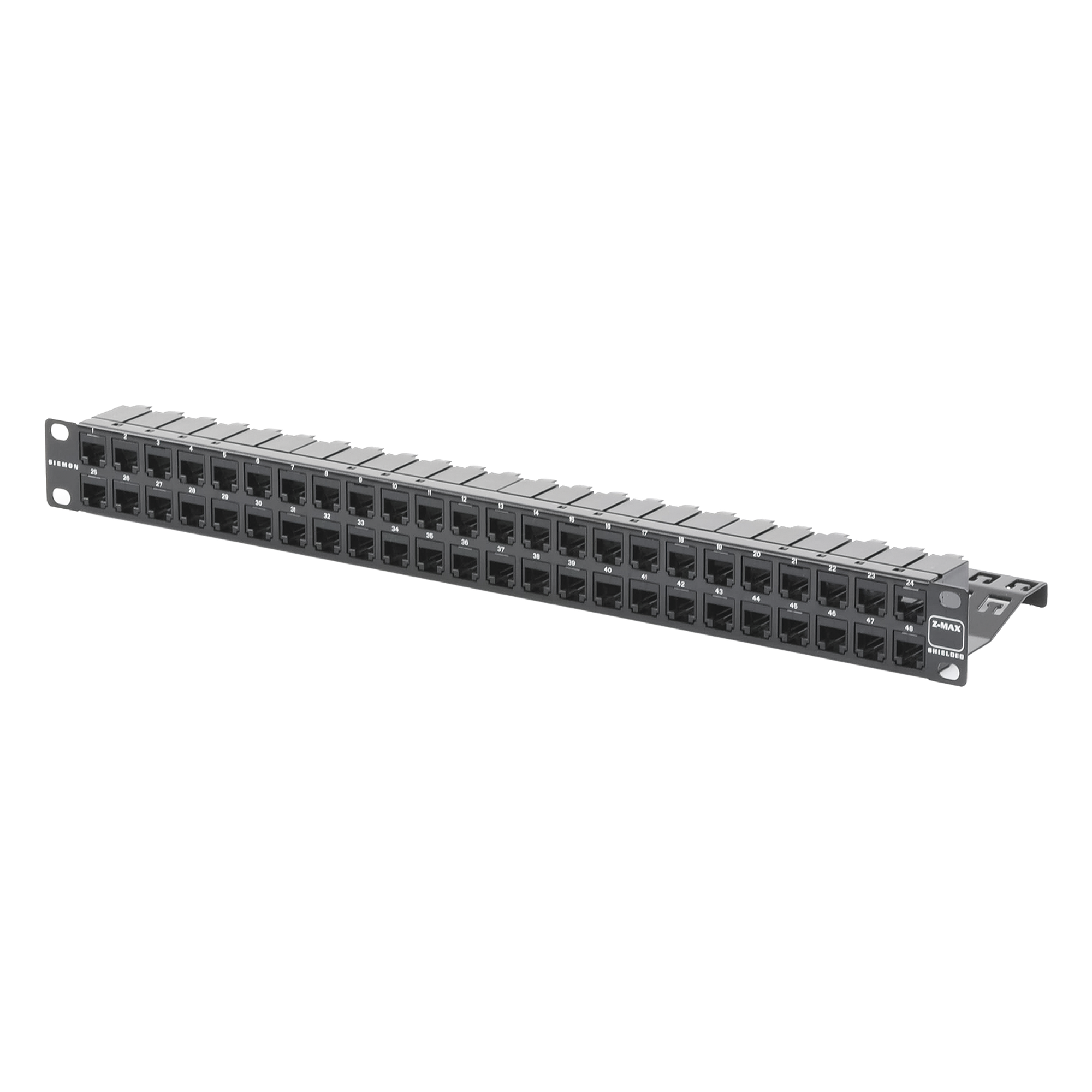 Patch Panel Z-Max de 48 Puertos, Blindado, Precargado con Jacks Categoría 6A, Plano, 1UR — SIEMON · SKU Z6AS-PNL-U48K